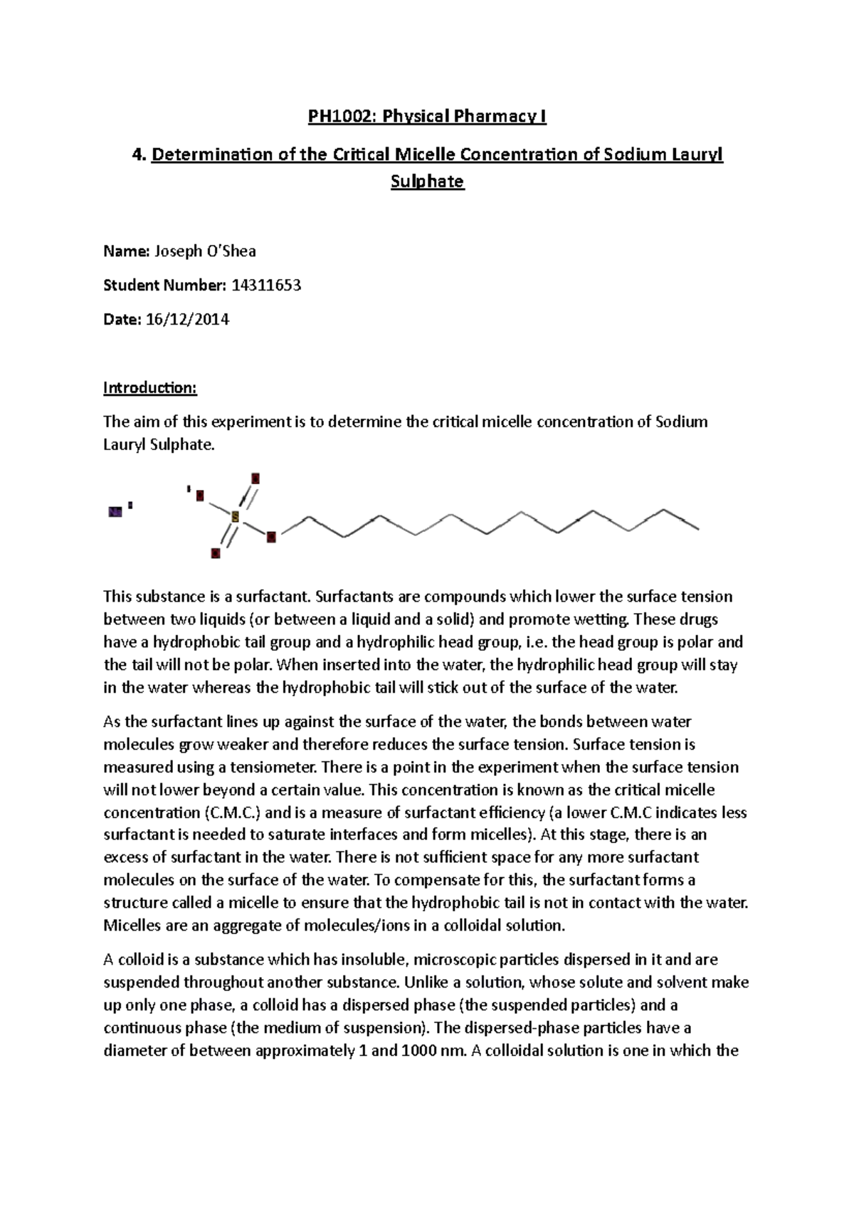 PH1002 Experiment 4: CMC Determination of Sodium Lauryl Sulphate - Studocu