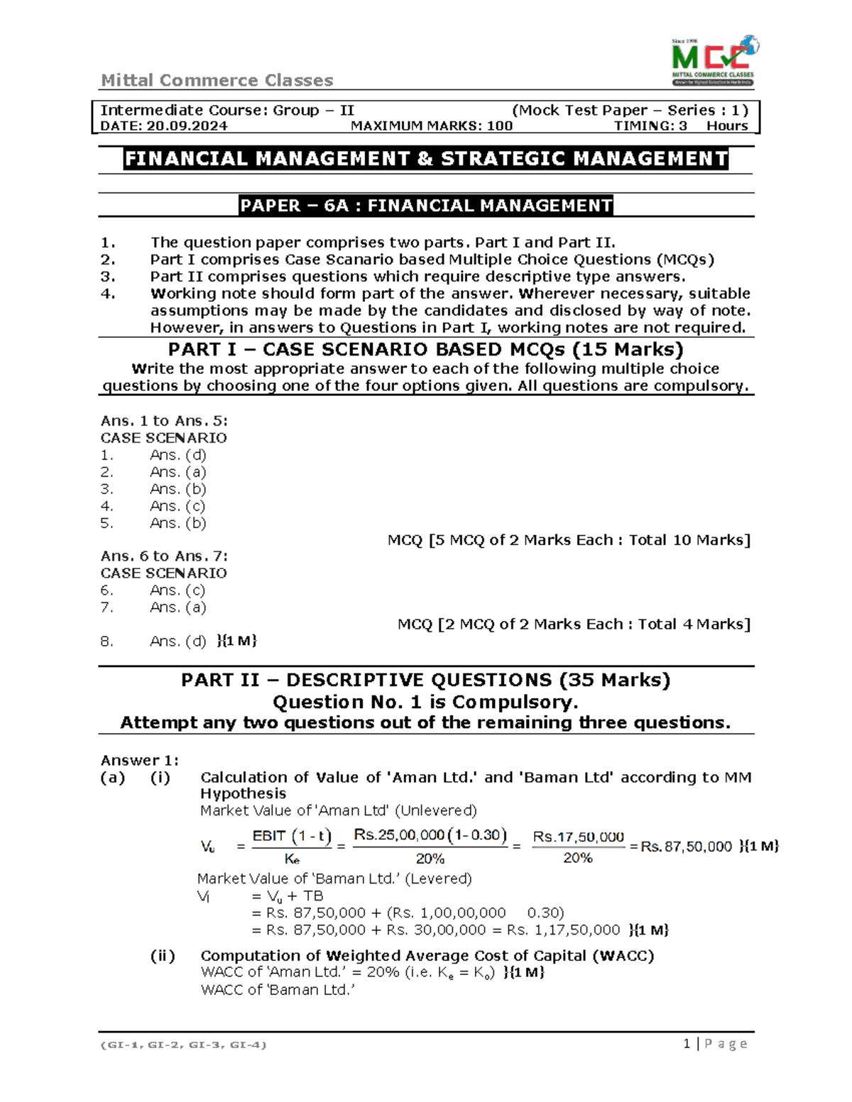 Mittal Commerce Classes Intermediate Course: Mock Test Paper Series 1 ...