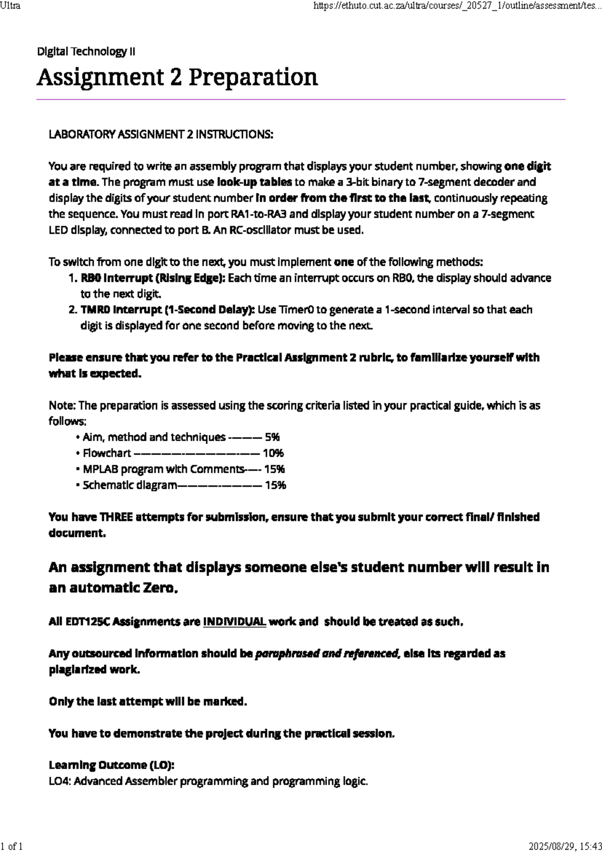 EDT125C Assignment 2: Assembly Program for Student Number Display - Studocu