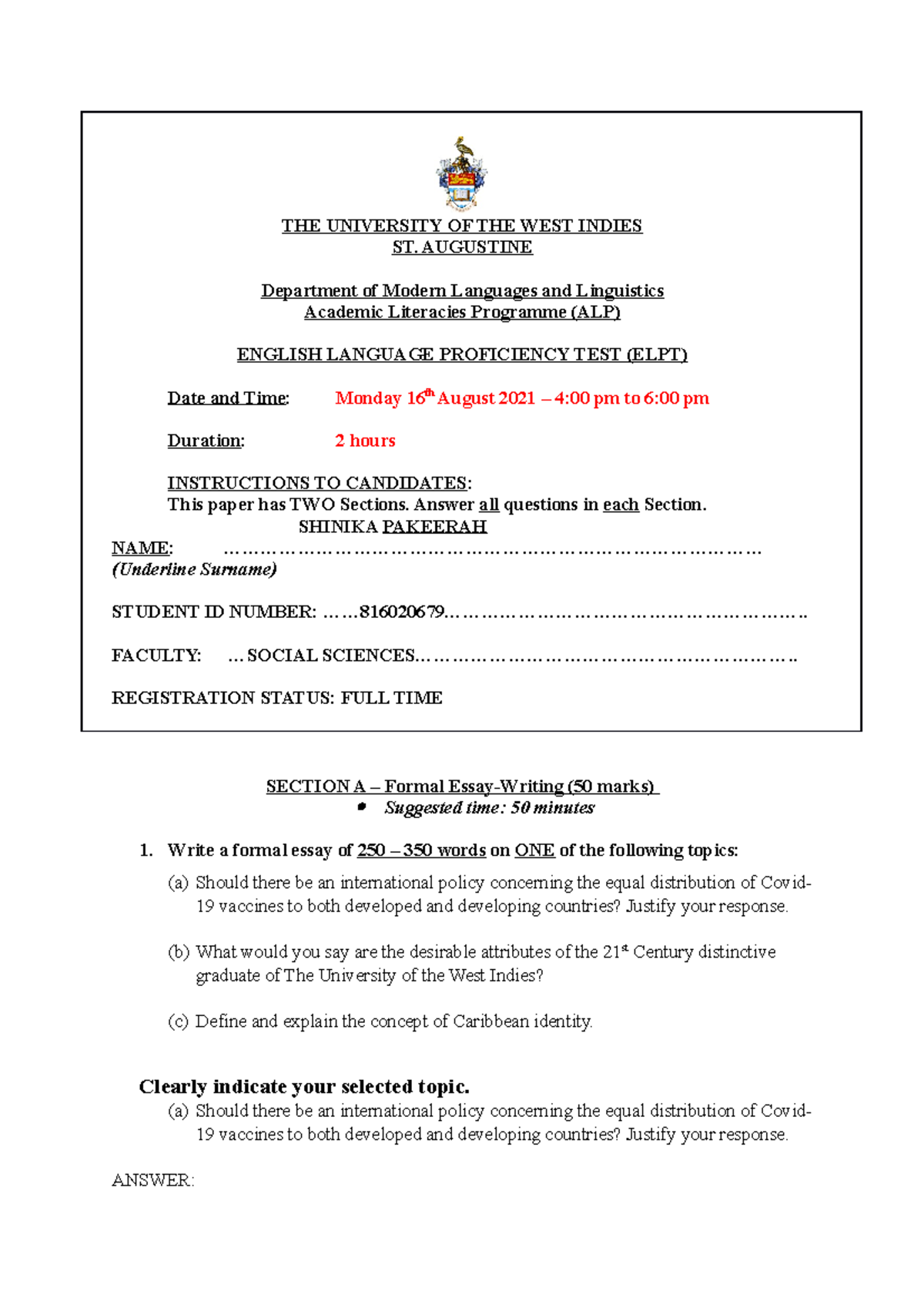 ELPT August 2021 Exam Paper: Formal Essay Question Document - Studocu