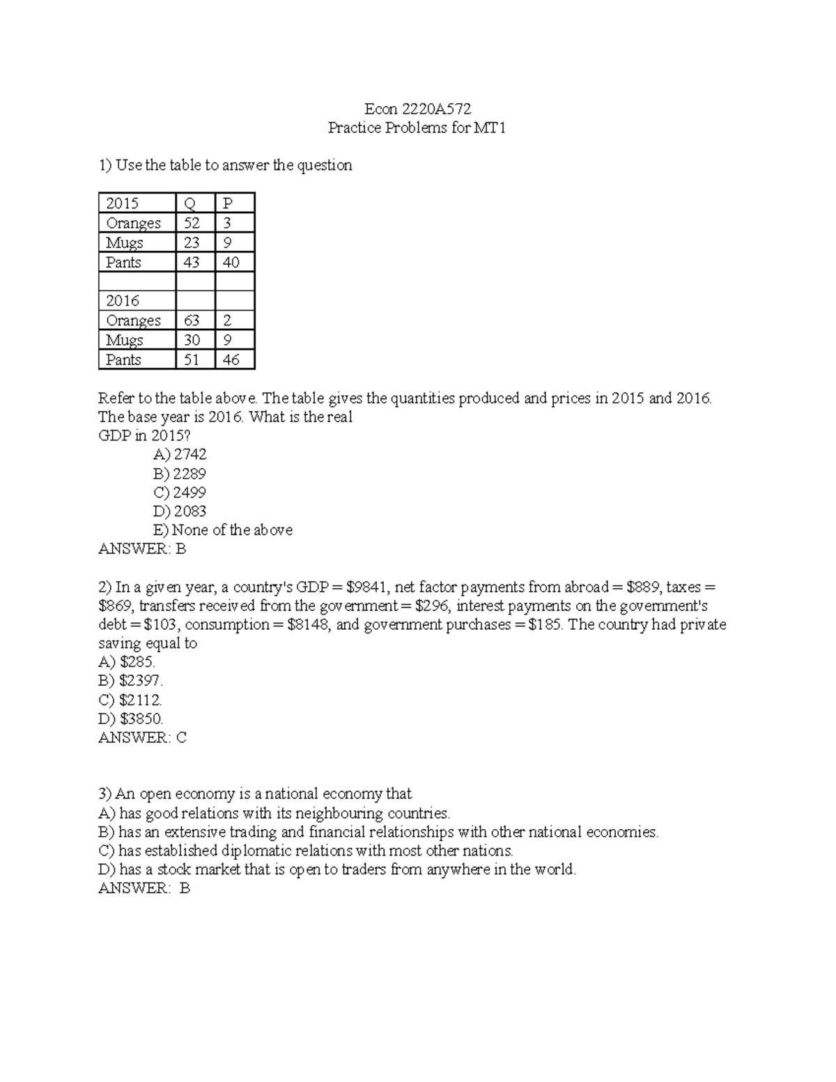 Practice problems for MT1 (Ch 1,2,3) - Econ 2220A Practice Problems for ...