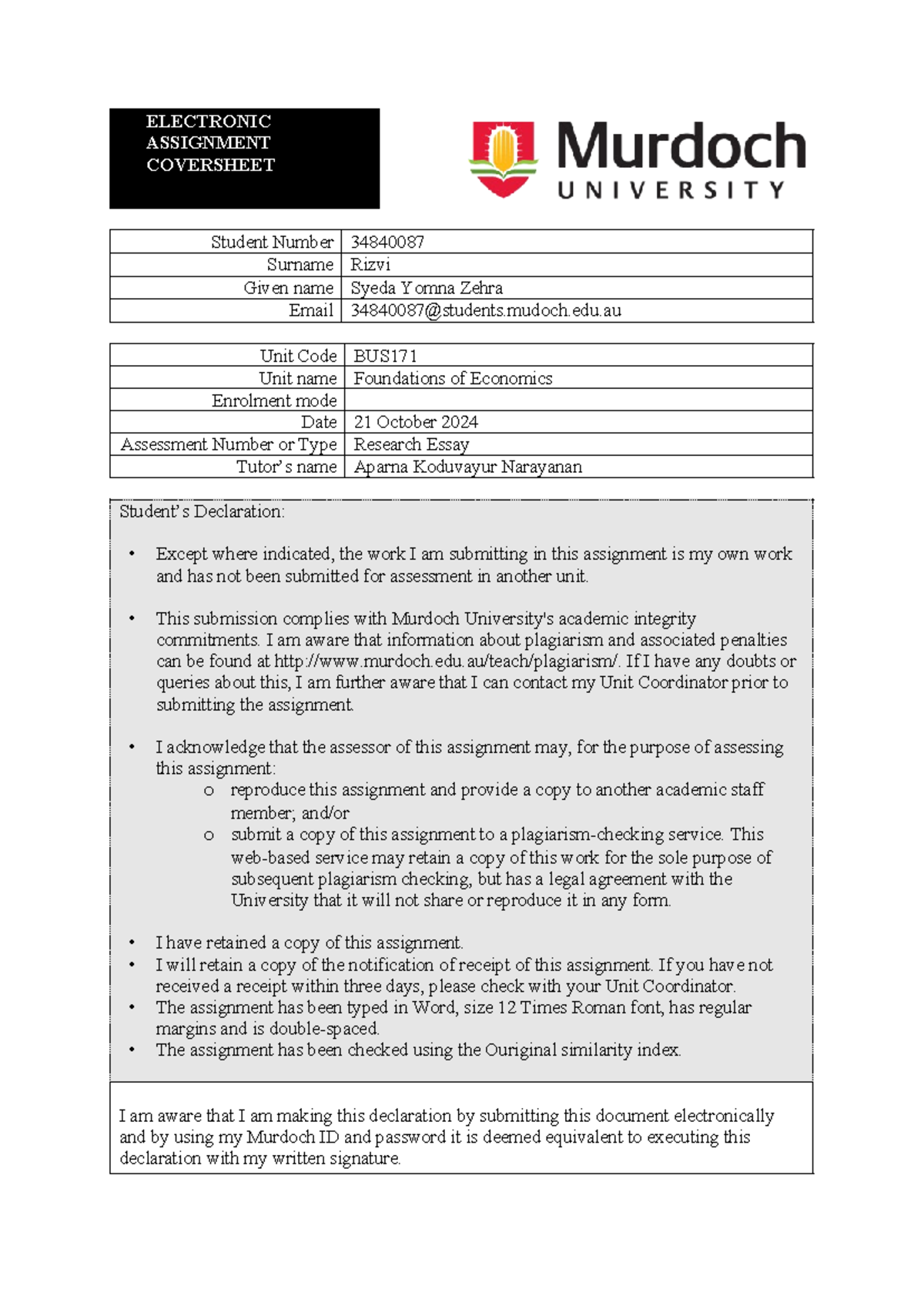 Research Essay(BUS171) - ELECTRONIC ASSIGNMENT COVERSHEET Student ...