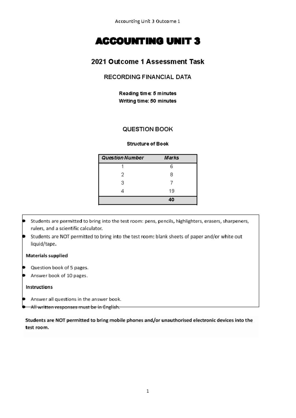 Accounting Unit 3 AOS1A 2021 Question Booklet: Financial Data Recording ...