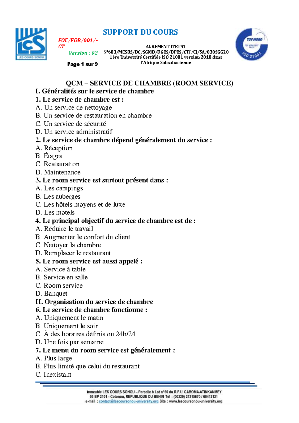 QCM 1 - Service de Chambre (Room Service) - CT Course Notes - Studocu