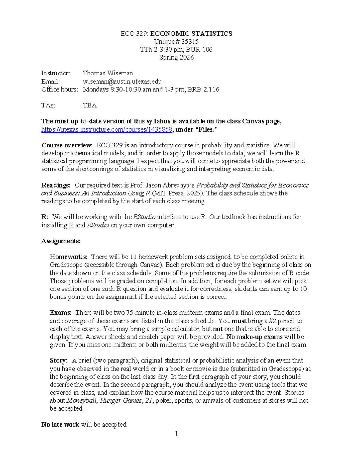 ECO 329: Syllabus for Economic Statistics - Spring 2026 - Studocu