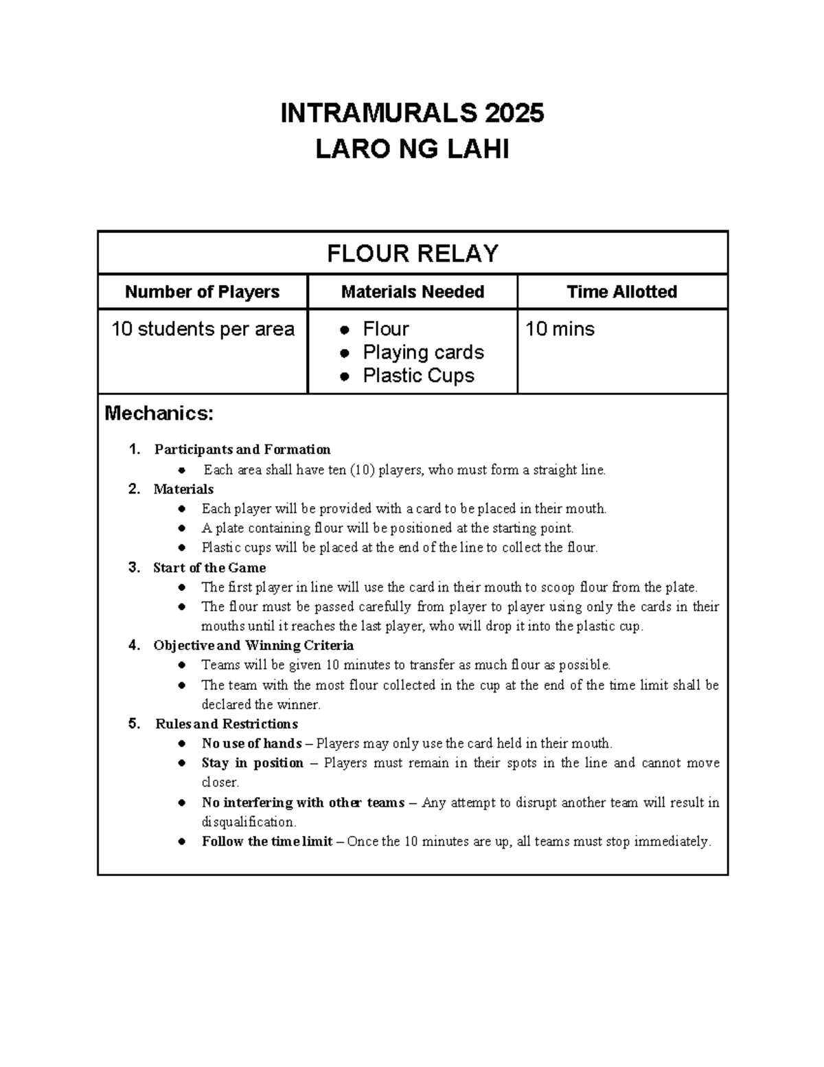 INTRAMURALS 2025: LARO NG LAHI Game Mechanics and Rules - Studocu