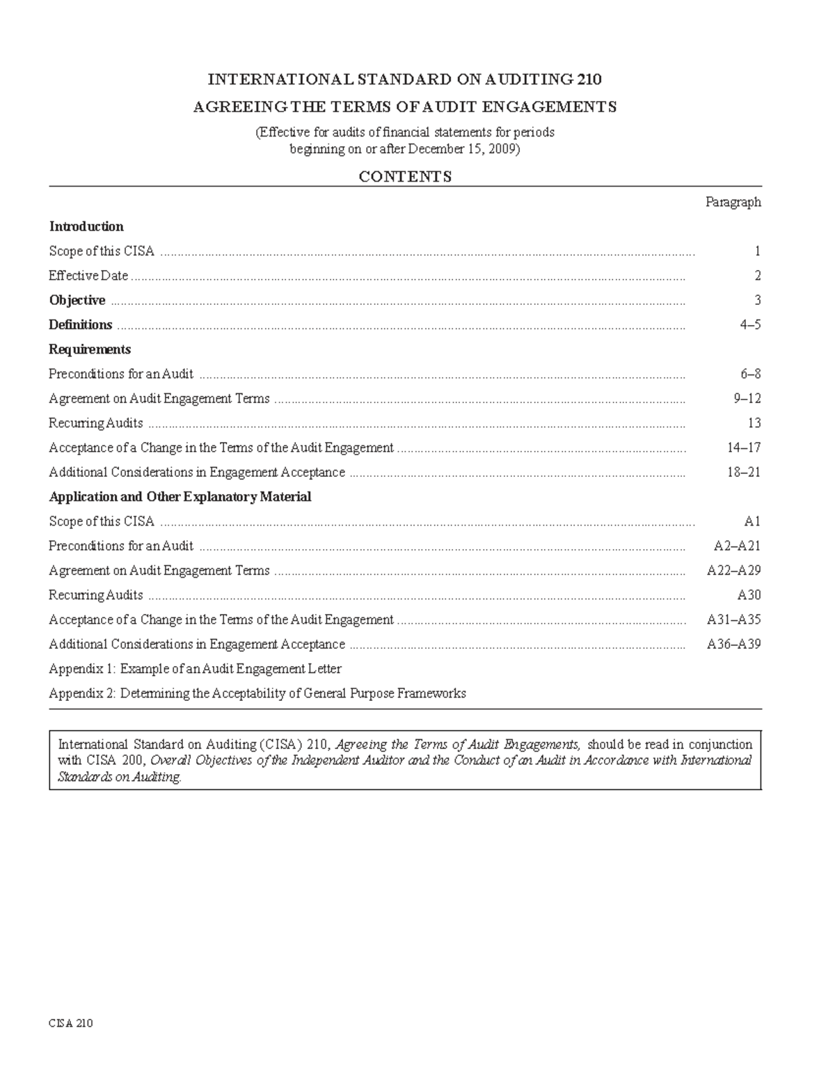 ISA 210 - Agreeing Terms of Audit Engagements: Key Standards and ...