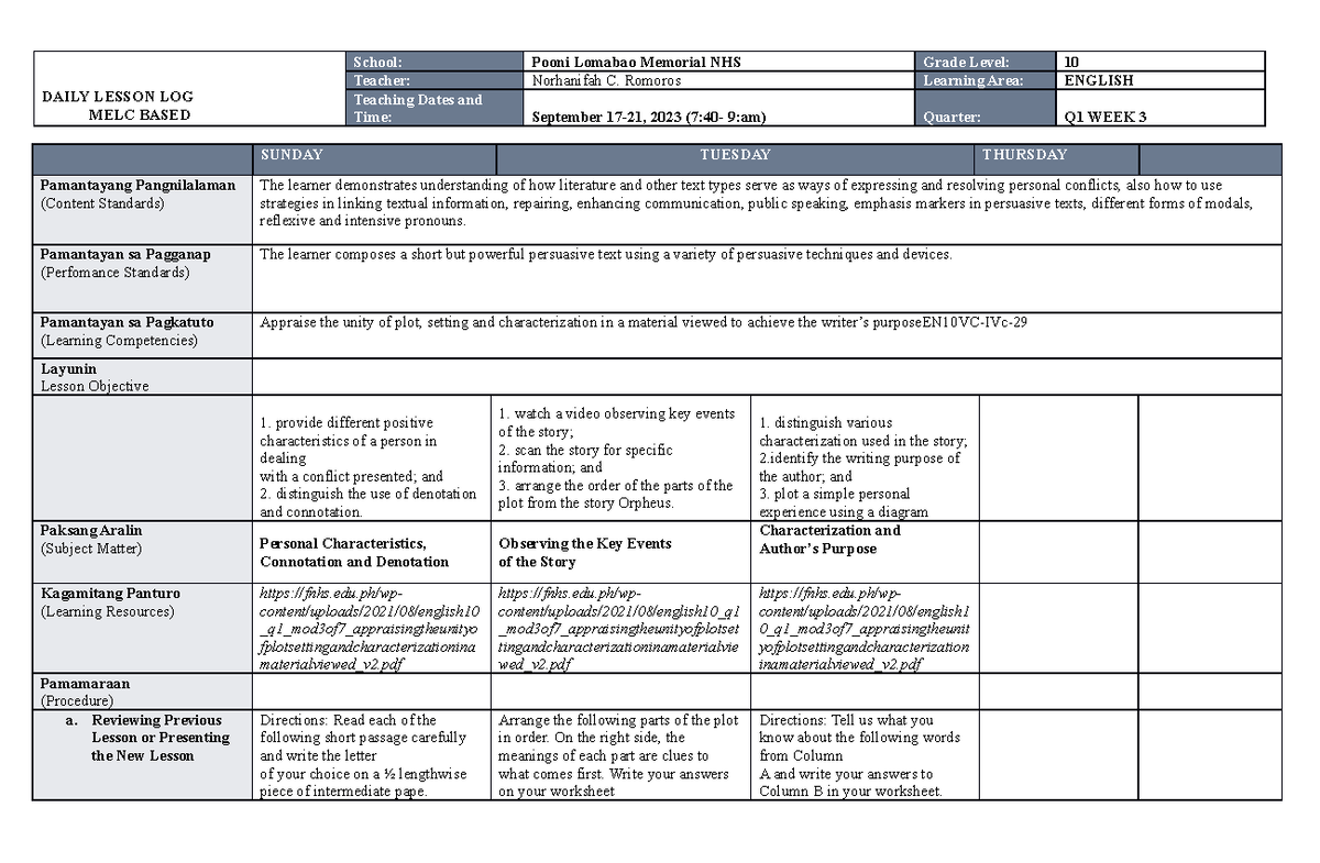 MELC DLL ENG 10 WEEK 3 Q1 DONE - DAILY LESSON LOG MELC BASED School ...