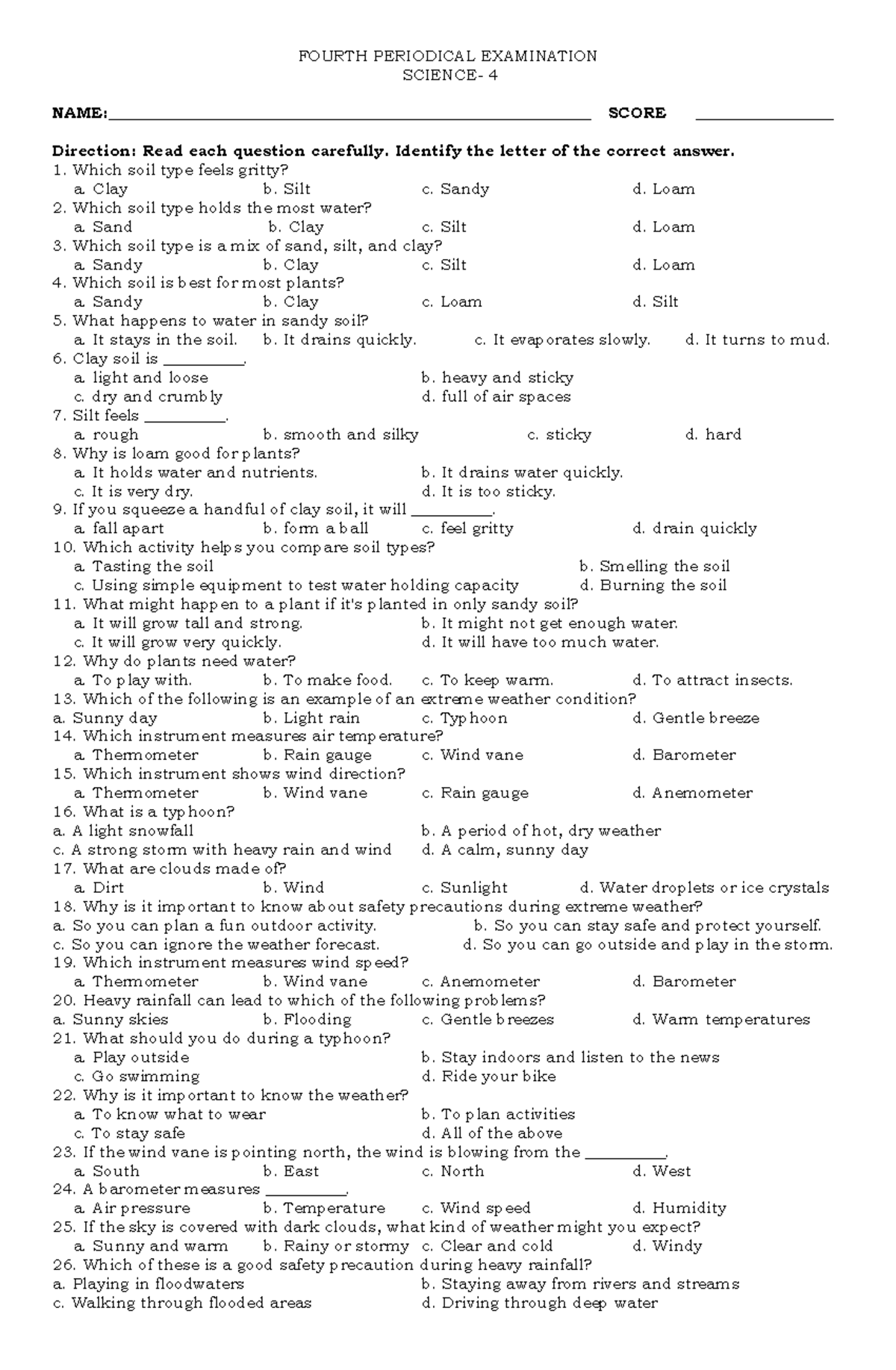 FOURTH PERIODICAL EXAMINATION SCIENCE Q4 TEST PAPER - Studocu