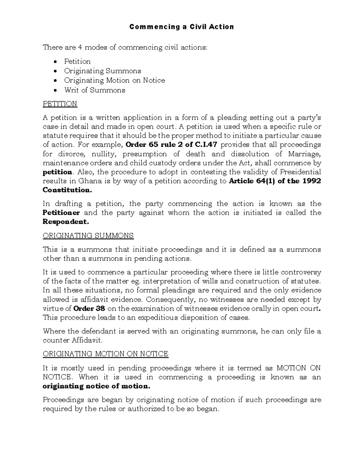 Civil Procedure: Commencing a Civil Action in Law (CIV 101) - Studocu