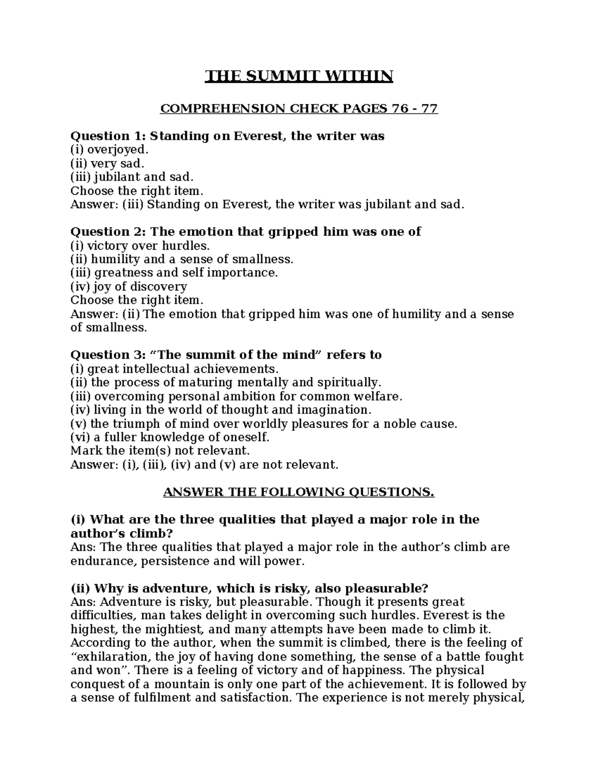 05 THE Summit Within - Comprehension Check Notes - Studocu