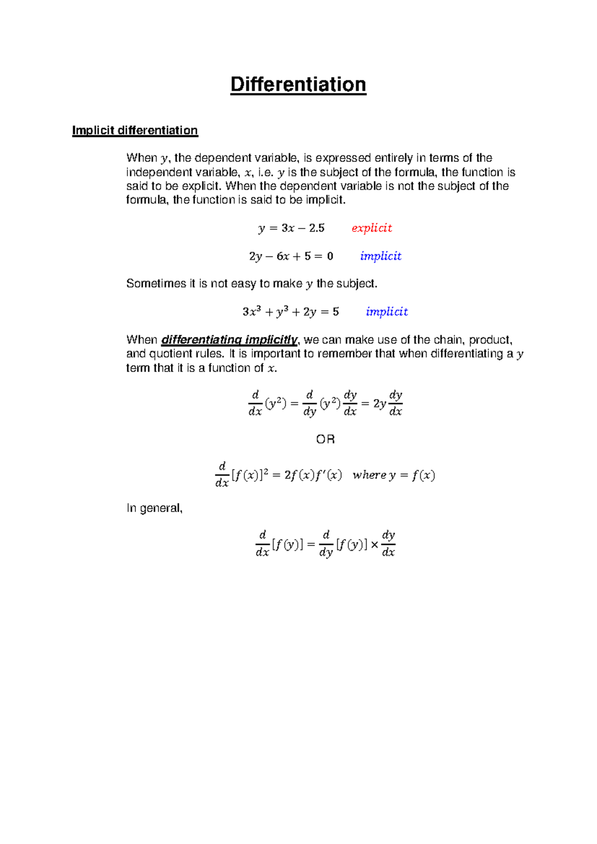 Implicit Differentiation Notes and Questions for Math Course 10 - Studocu