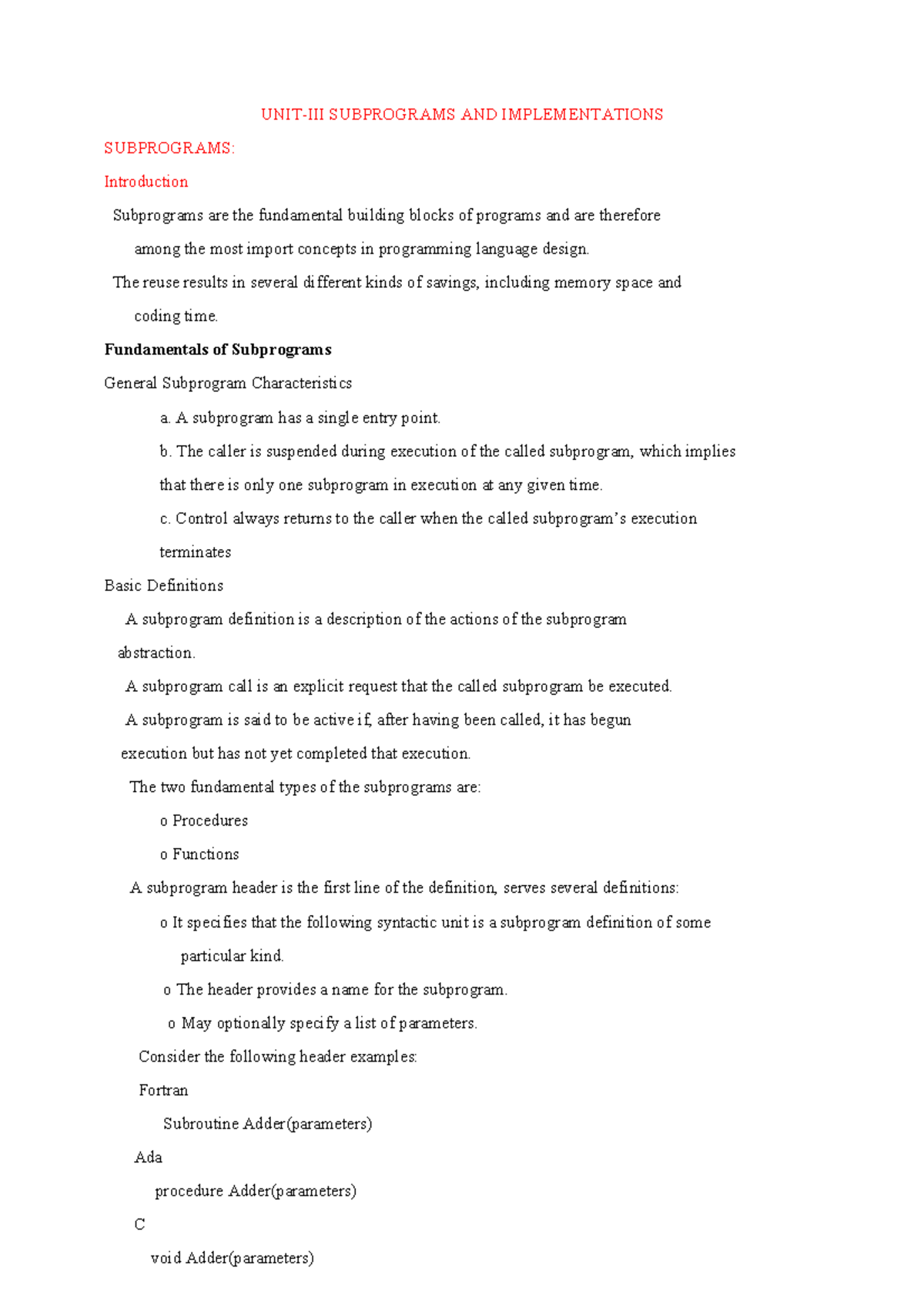 UNIT 3 - Subprograms and Their Implementation in Programming Languages ...