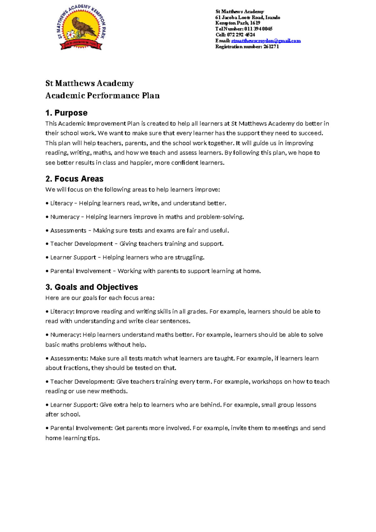 St Matthews Academy Academic Performance Plan: Improving Learner ...