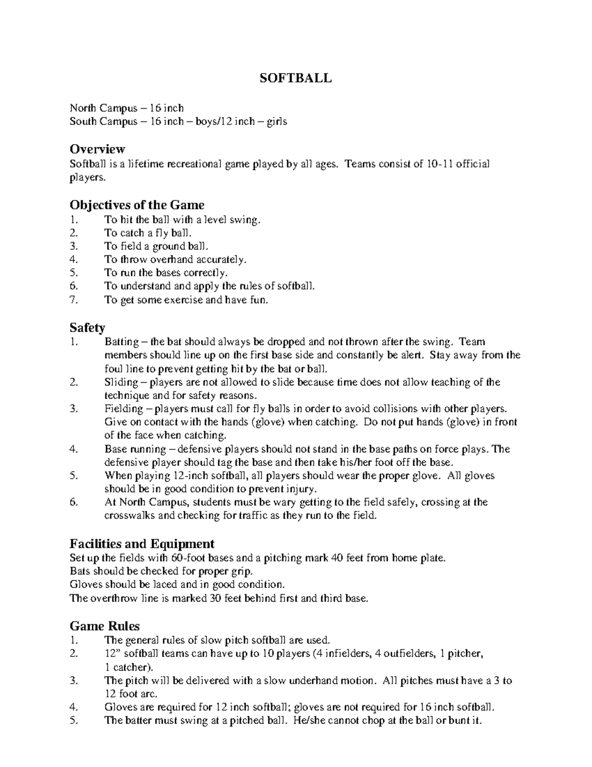 Softball Facilities and Equipment Overview for Course SOFT 101 - Studocu