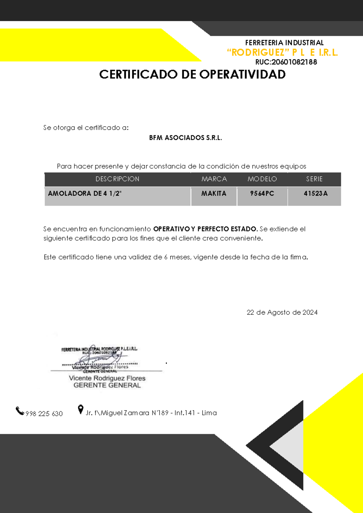 Certificado DE Operatividad Amoladora Makita 9564PC - Document Preview