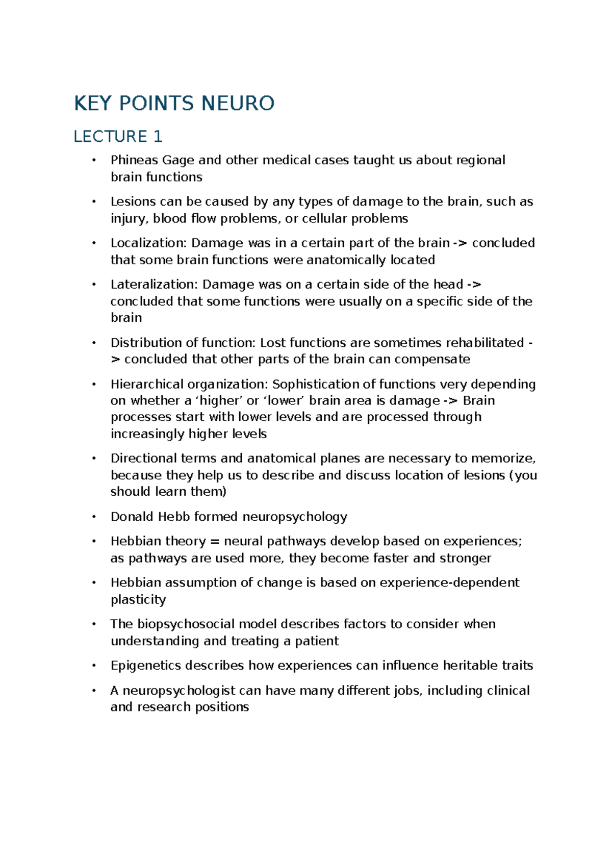 Neuropsychology Insights: Key Points from Lecture Notes (NEU 101 ...