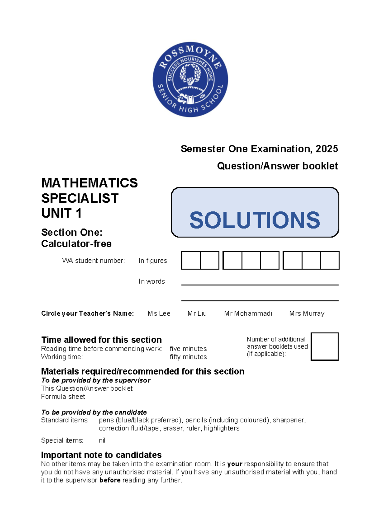 RSHS 2025 Mathematics Specialist Unit 1 Exam Solutions - Studocu