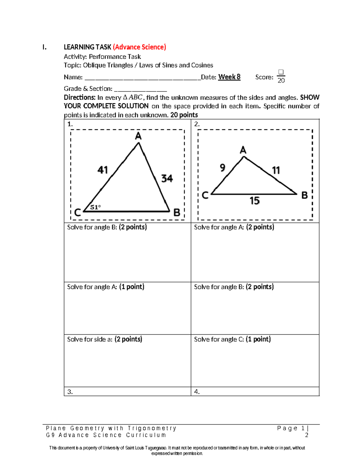 WEEK 8 Grade 9 Advanced Science Performance Task: Triangles in Plane ...