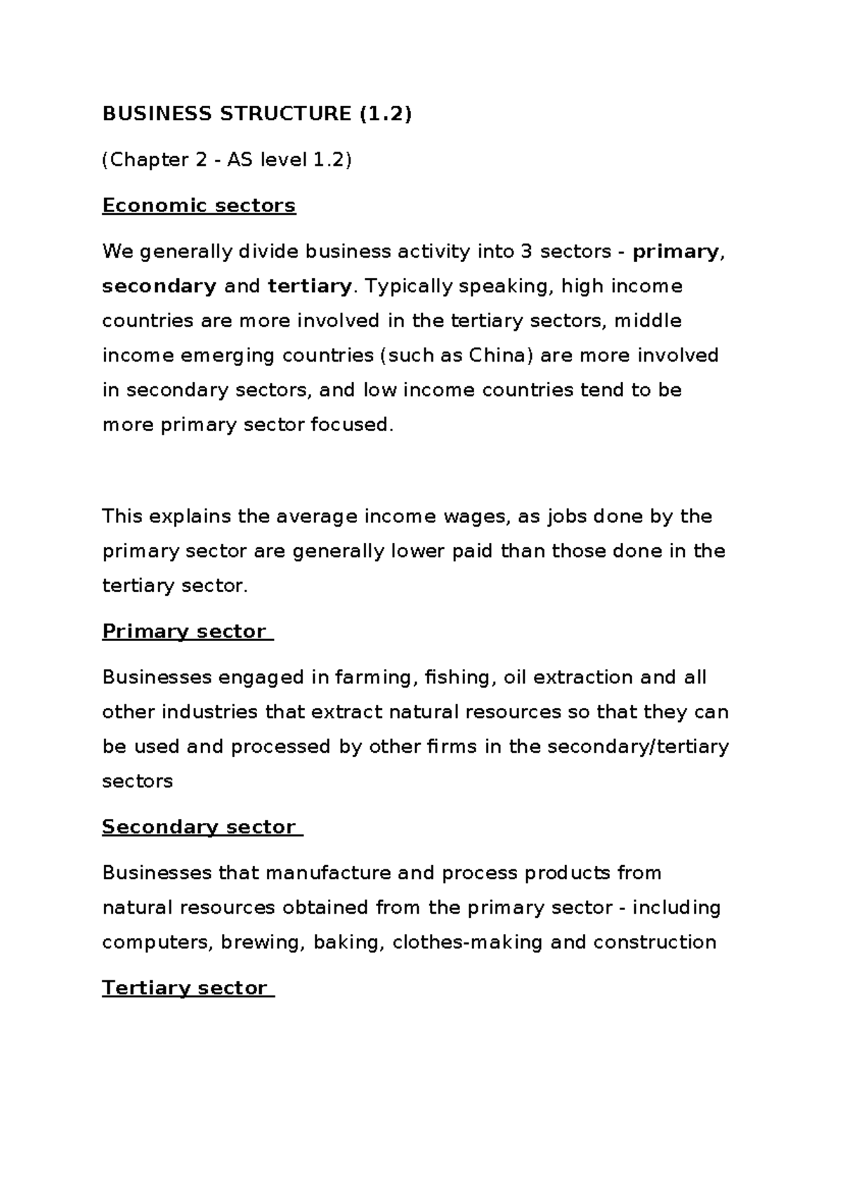 Business Structure Notes (Chapter 2 AS Level 1.2) - Studocu