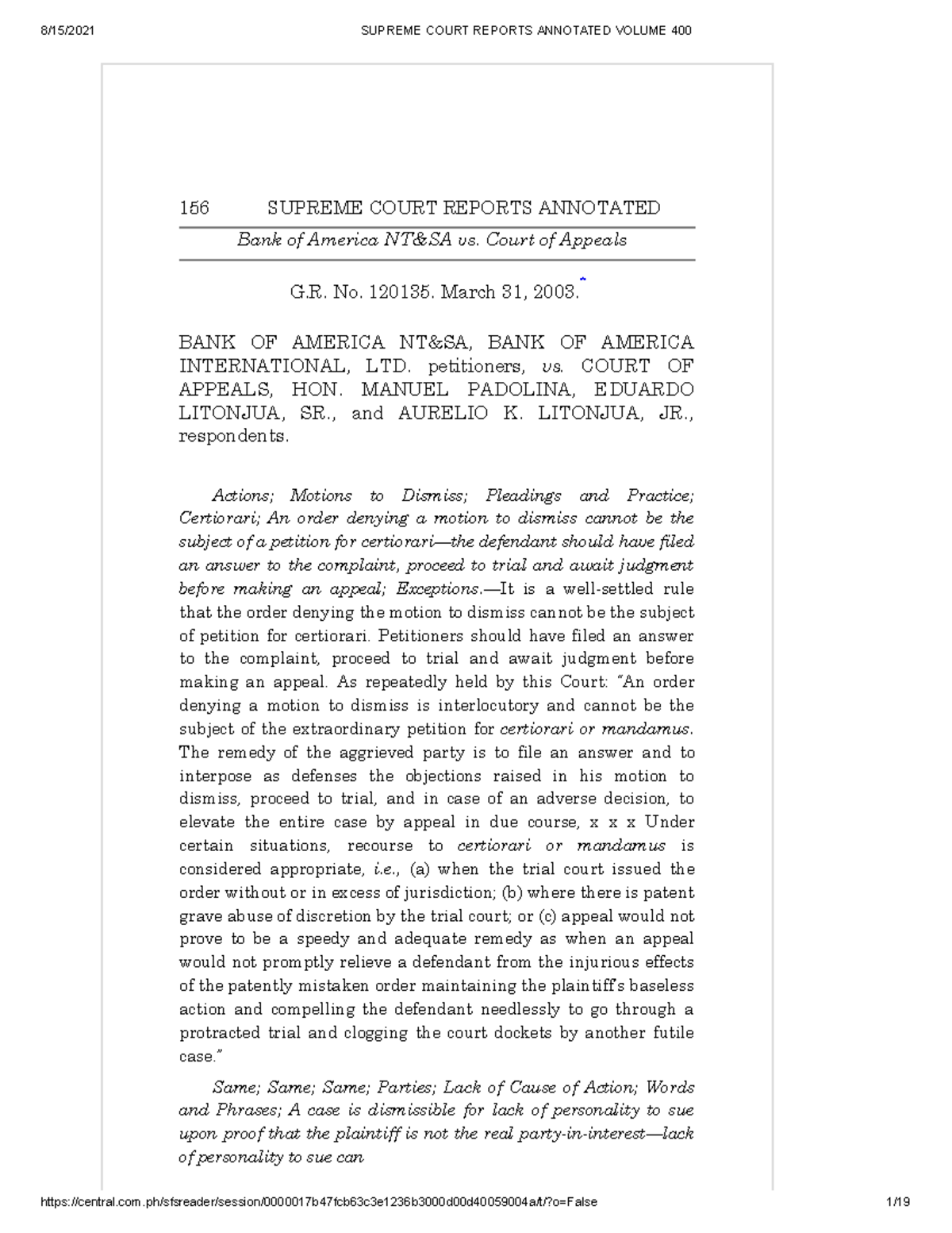 Bank of America NT&SA vs. CA Review (G.R. No. 120135, 2003) - Studocu