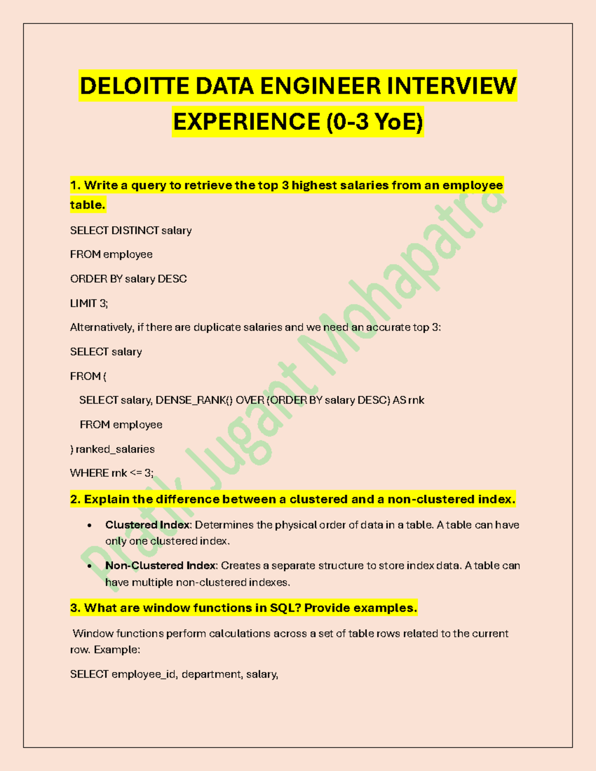 SQL Data Engineer Interview Questions for DELOITTE (0-3 YoE) - Studocu