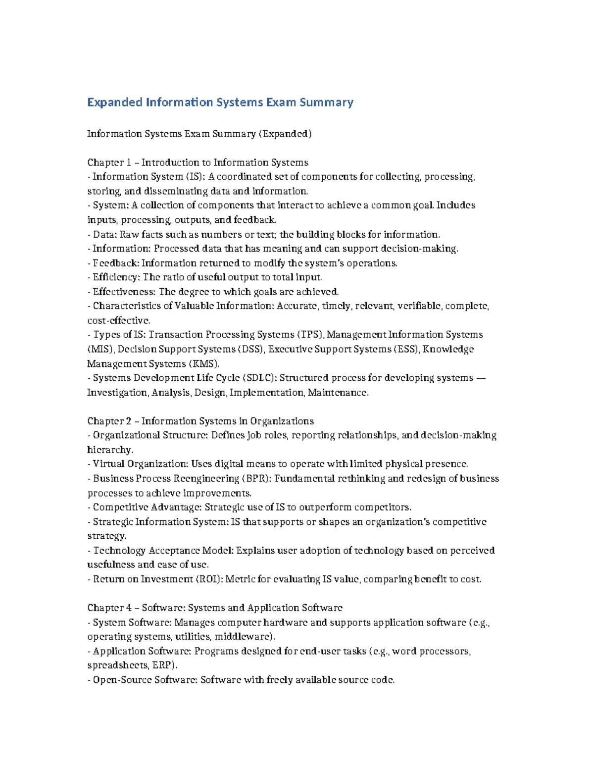 Expanded IS Exam Summary: Key Concepts & Systems Overview - Studeersnel
