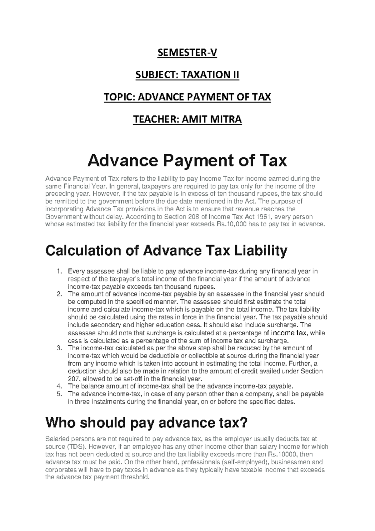 M-1 Taxation II Unit-2A: Advance Payment of Tax Overview - Studocu