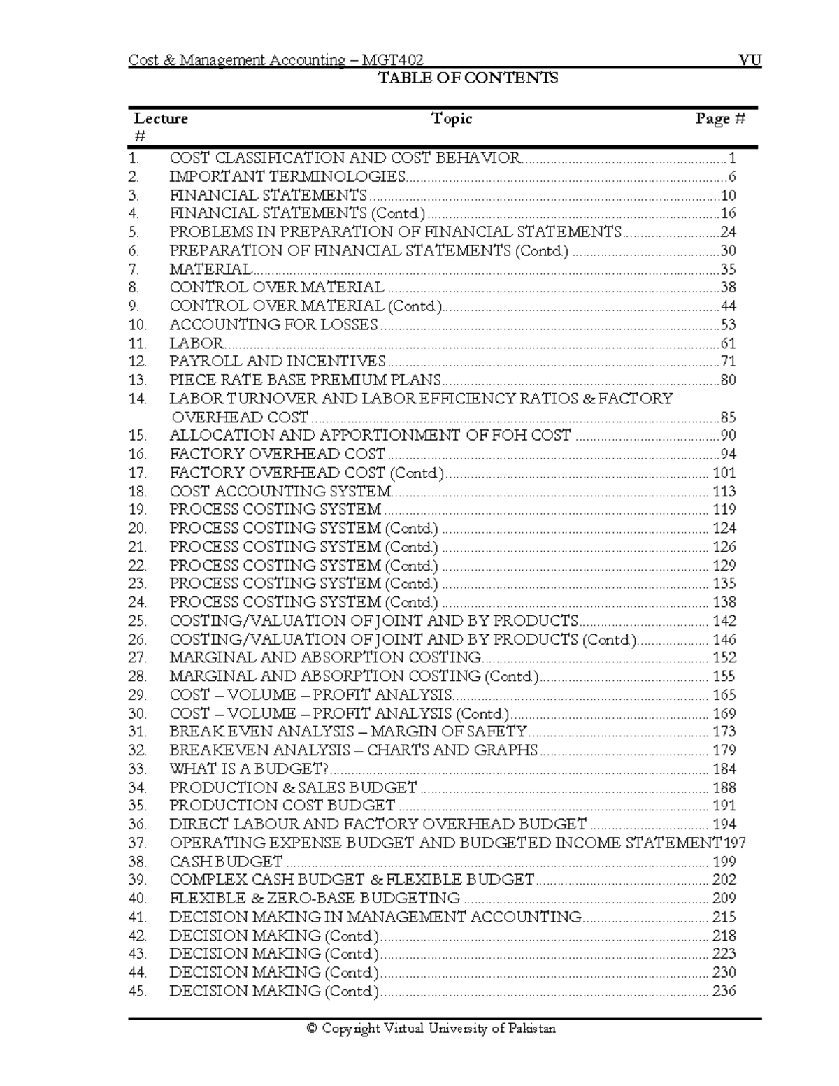 Cost Management Accounting MGT402 Lecture Notes and Key Concepts - Studocu