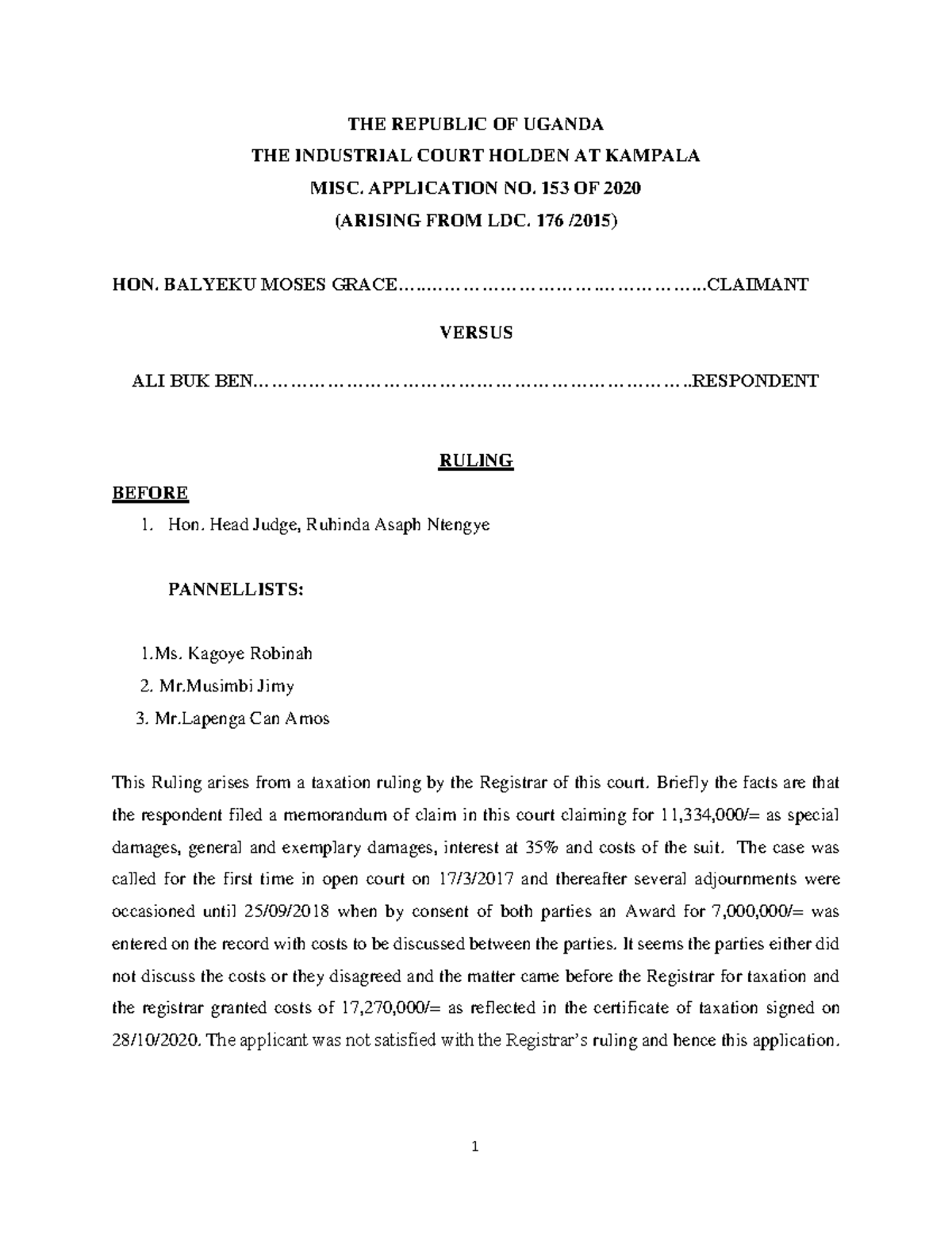 Hon Balyeku v Ali Buk - Ruling on Civil Misc. Application No 153/2020 ...