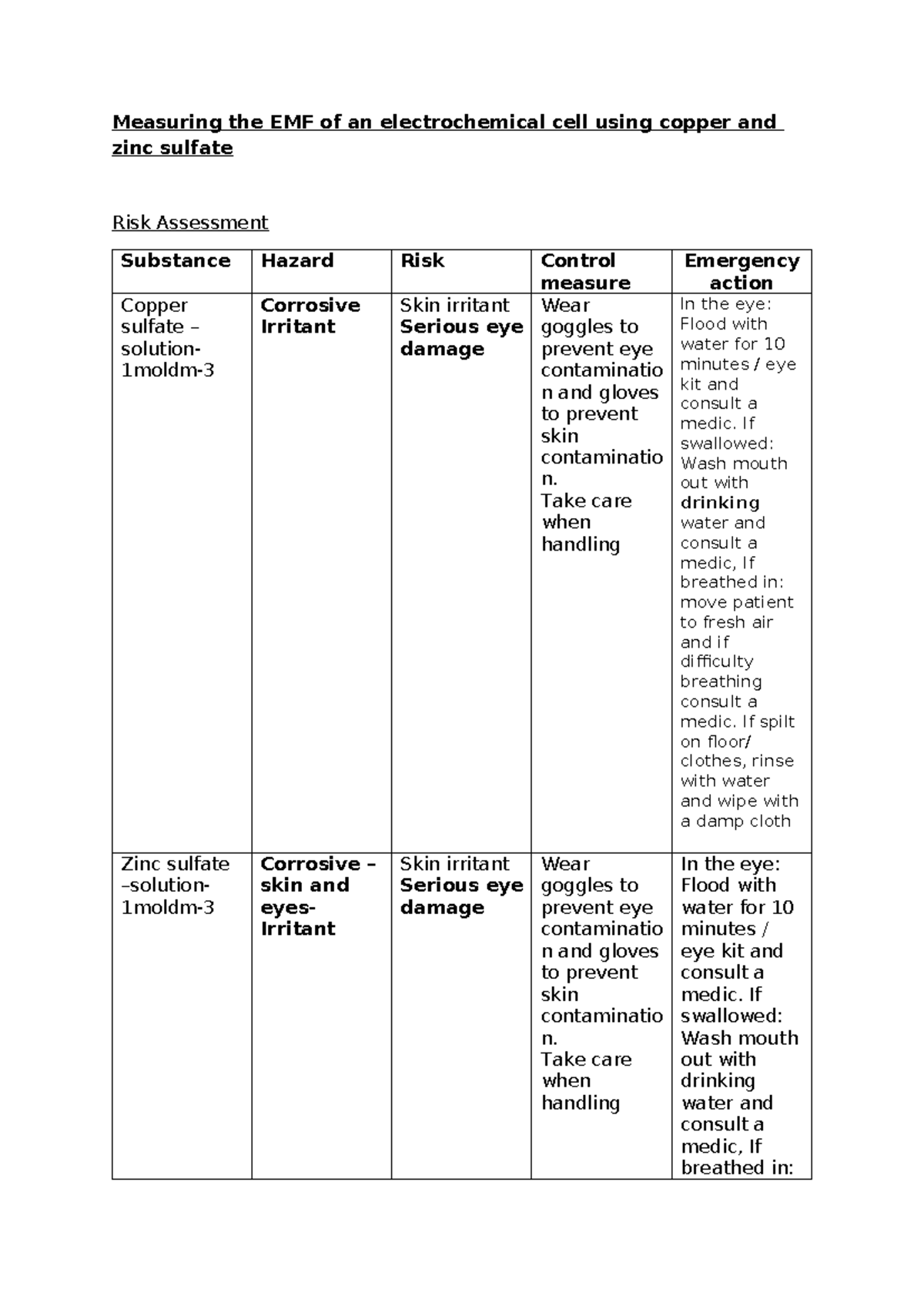 Chem Required Practical 8: EMF Measurement & Risk Assessment - Studocu