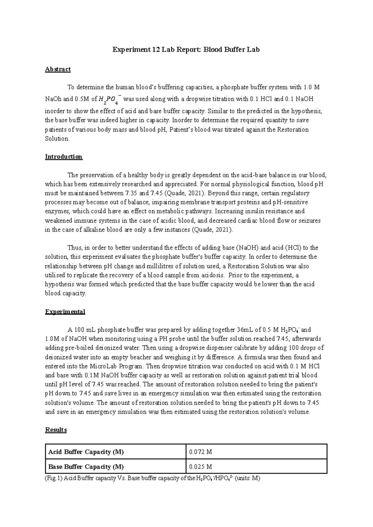Experiment 12 Lab Report: Analysis of Blood Buffer Capacities - Studocu