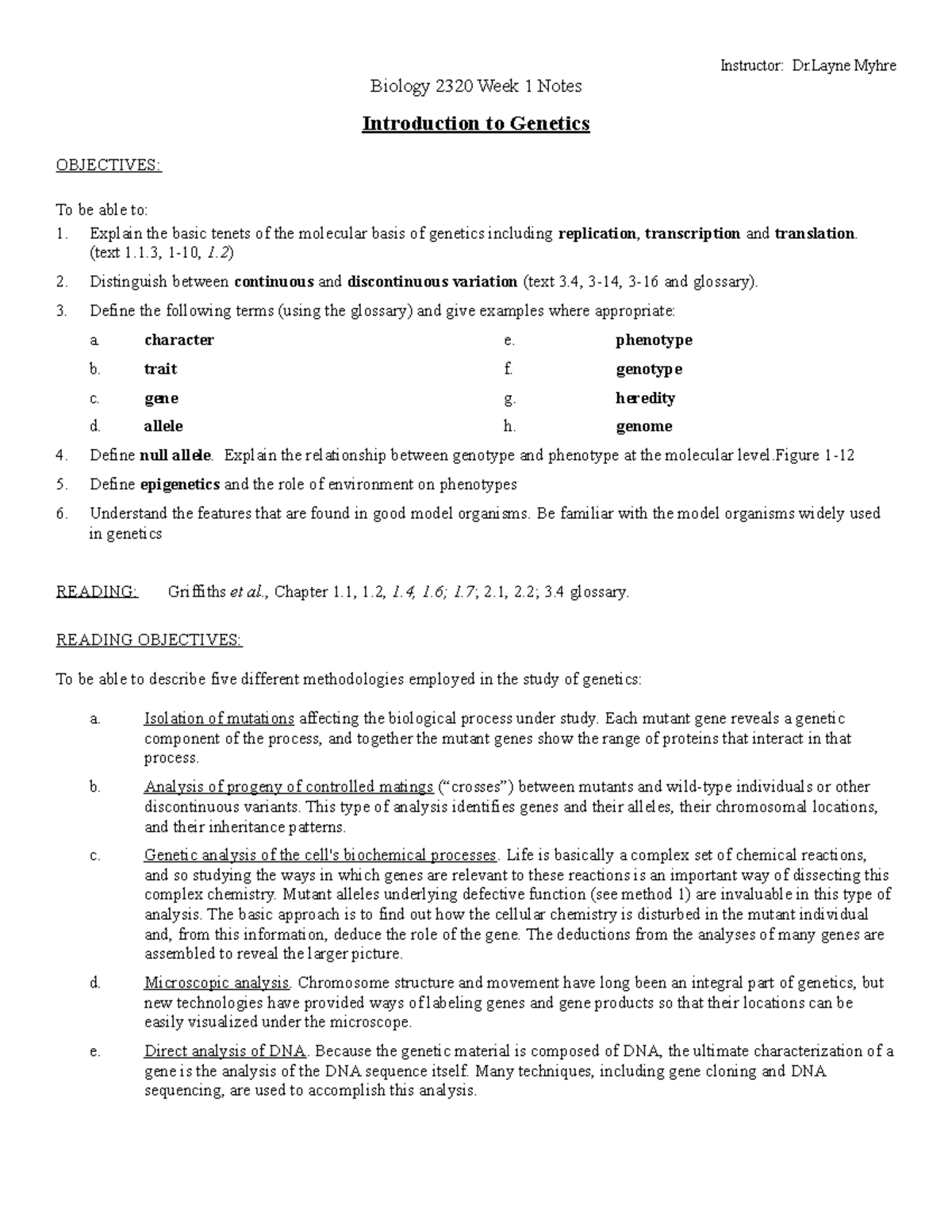 Biology 2320 Week 1 Lecture Notes: Intro to Genetics, Transcription ...