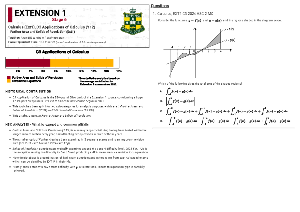 Further Area & Volume Calculus EXT1 C3 2024 HSC Exam Guide - Studocu