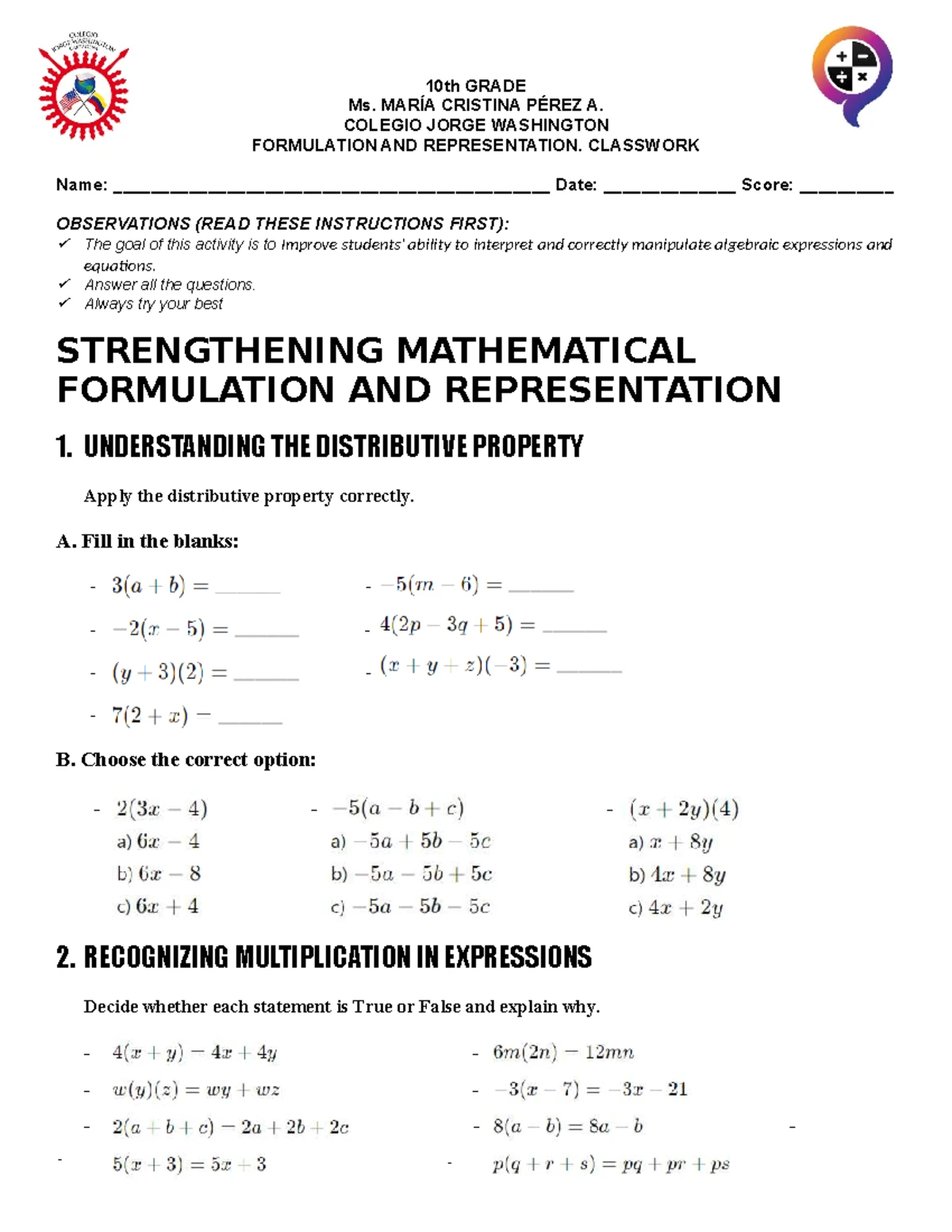 Properties of Logarithms Classwork - Matemáticas - MATH 10th GRADE Ms ...
