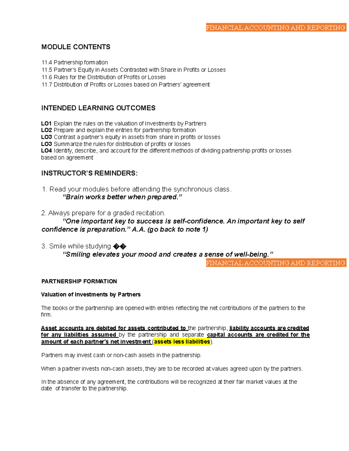 FAR 11 - Partnership Formation and Profit Distribution Analysis - Studocu
