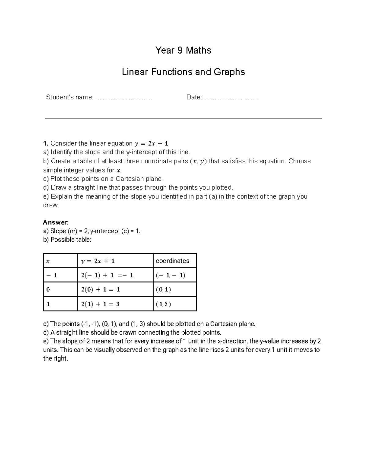 Year 9 Maths Worksheet - Linear Functions & Graphs (2343) - Studocu