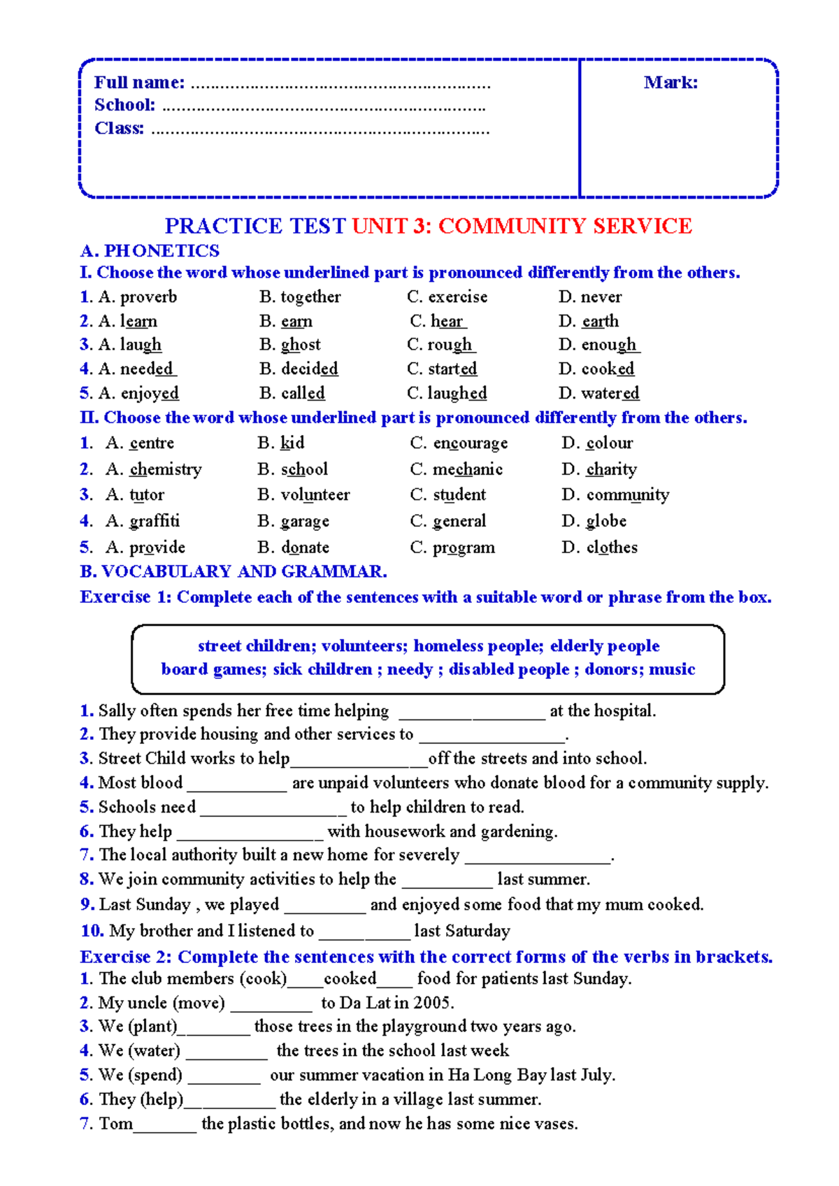 Unit 3 Practice Test: Community Service Phonetics & Grammar - Studocu