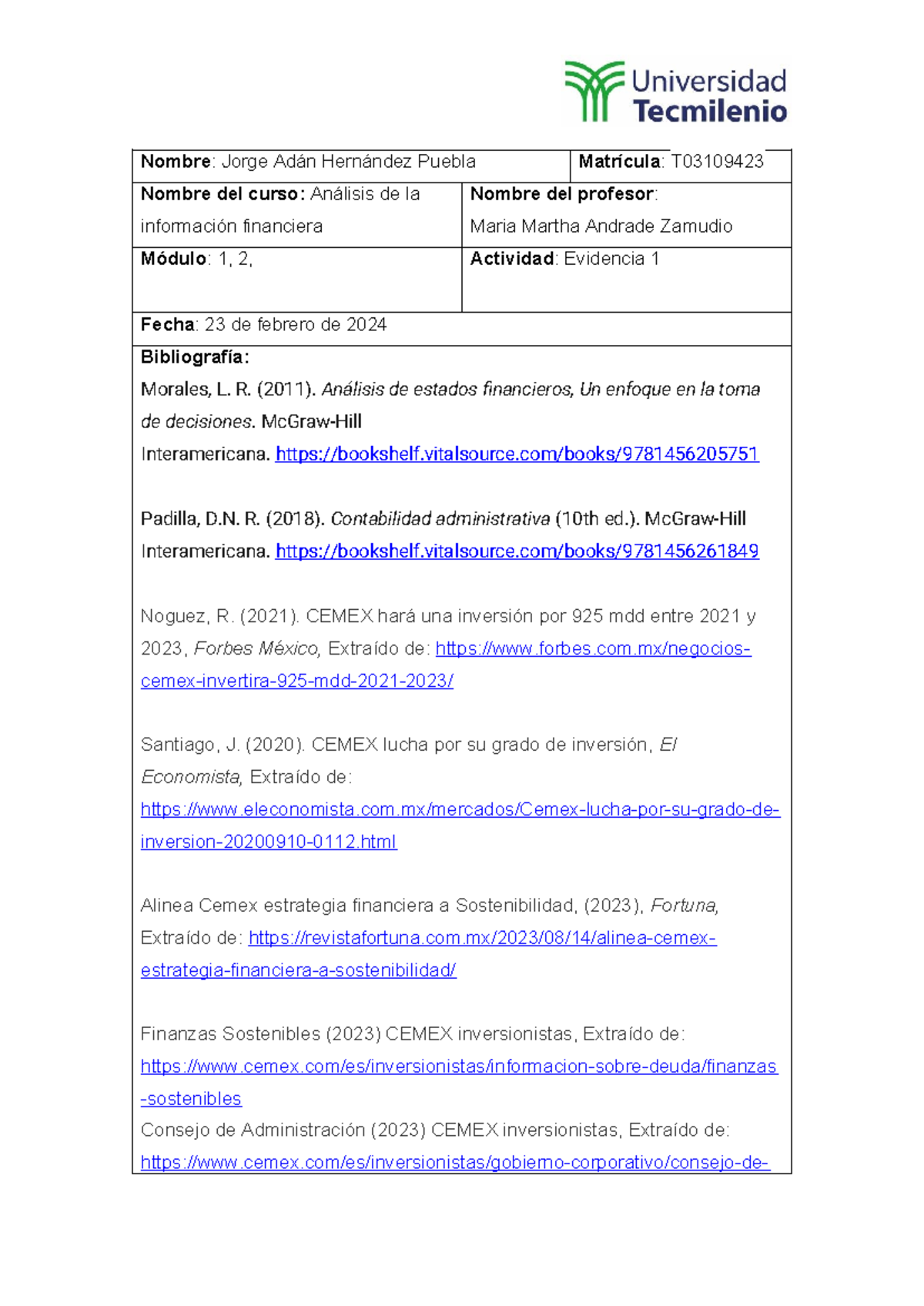 Análisis Financiero de CEMEX S.A.B. de C.V. - Evidencia 1 CADF - Studocu