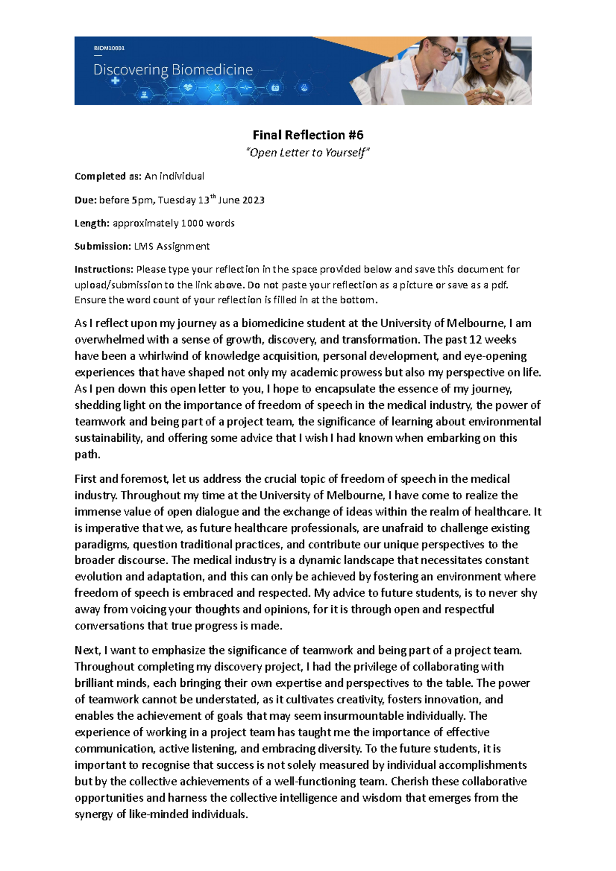 Biomedicine Final Reflection: Insights and Growth from My Journey - Studocu