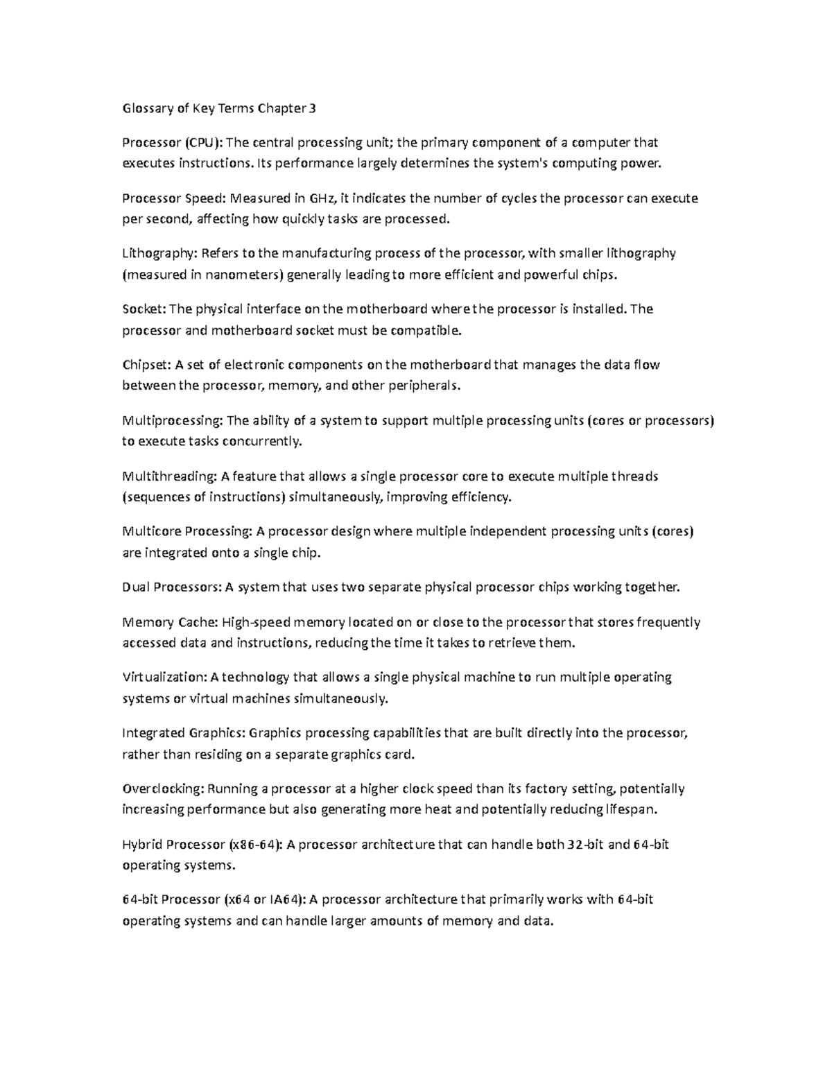 Glossary of Key Terms for Chapter 3: Processor (CPU) Insights - Studocu