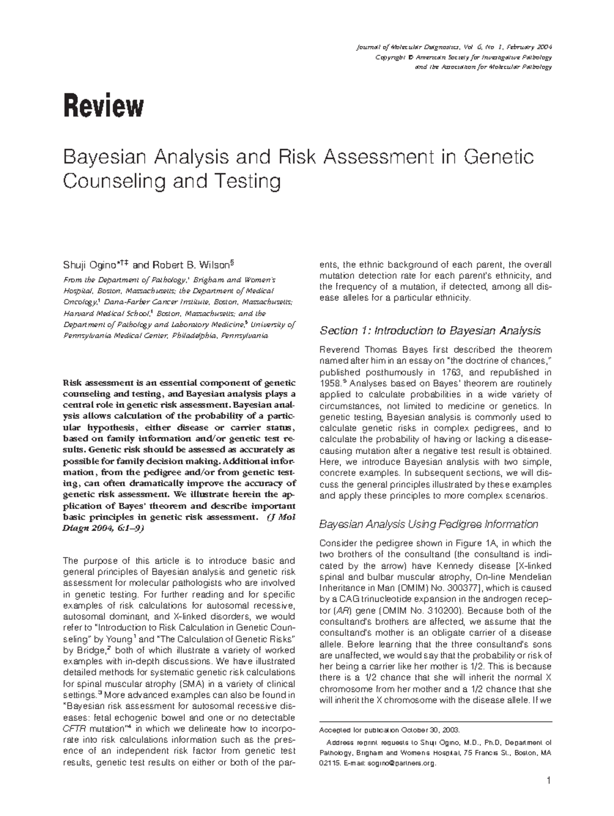 Bayesian Analysis & Genetic Risk Assessment in Counseling (JMD 2004 ...