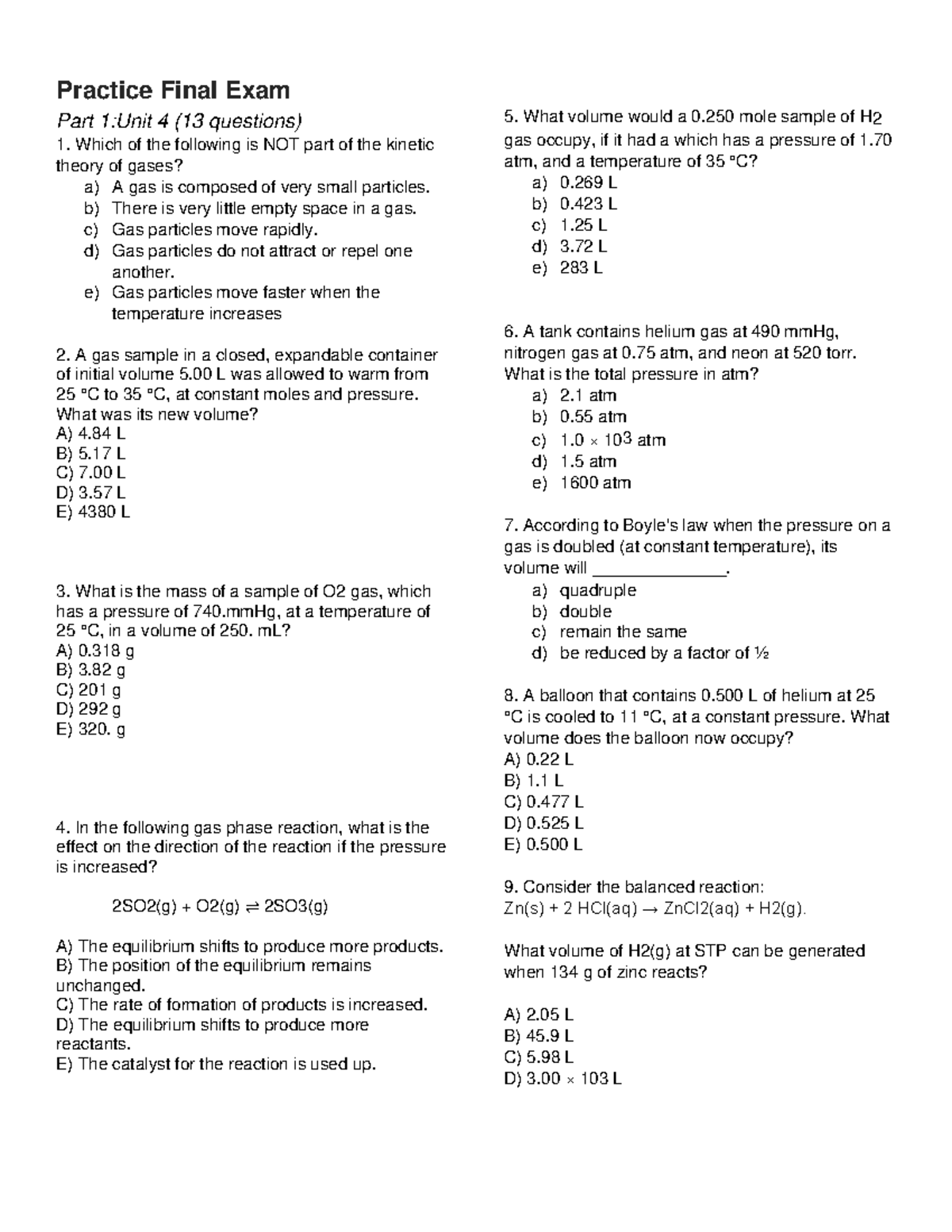Practice Final Exam: Chemistry Concepts and Problems - Studocu