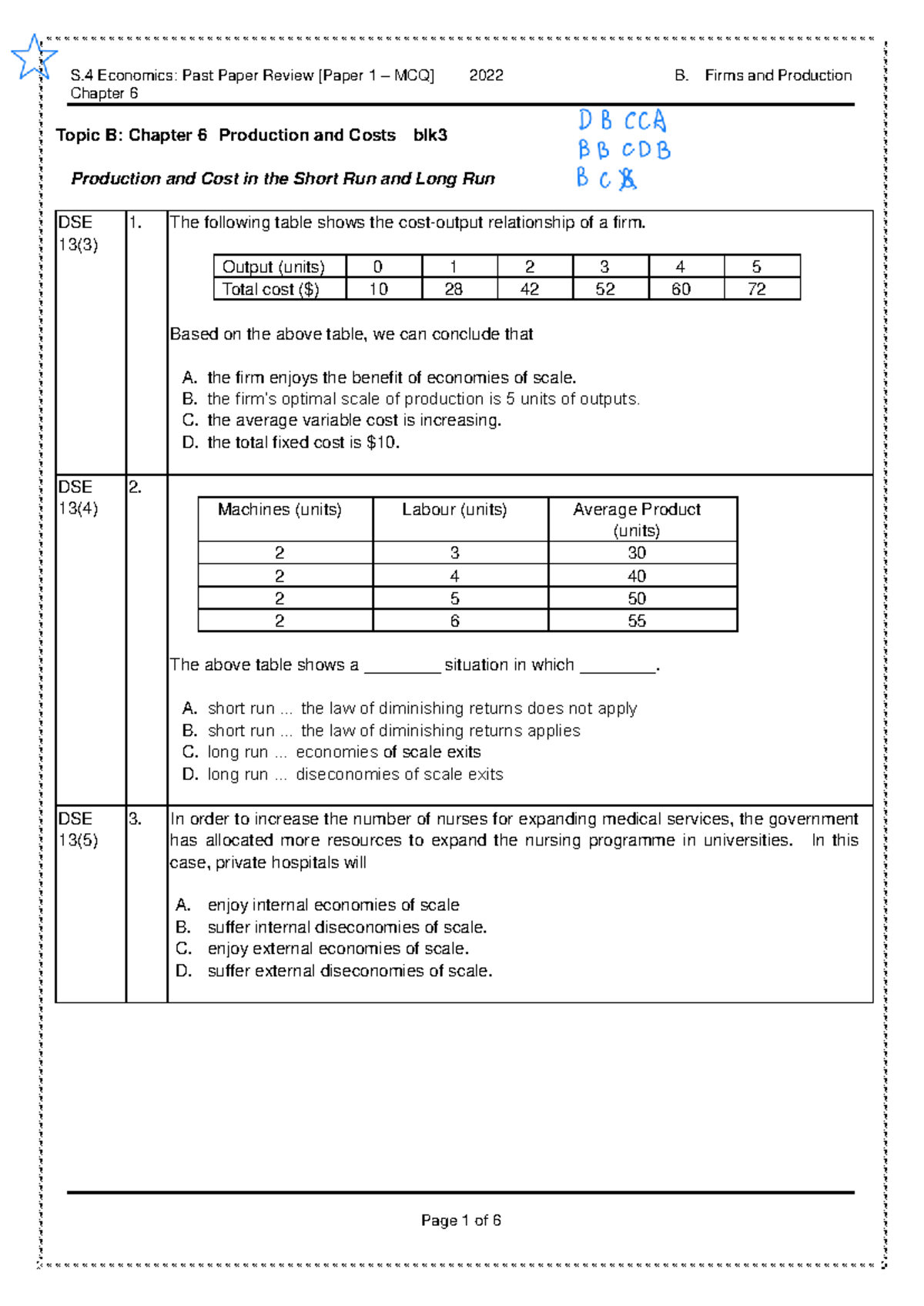 S.4 Economics: Chapter 6 Production and Costs MCQ Review 2021 - Studocu