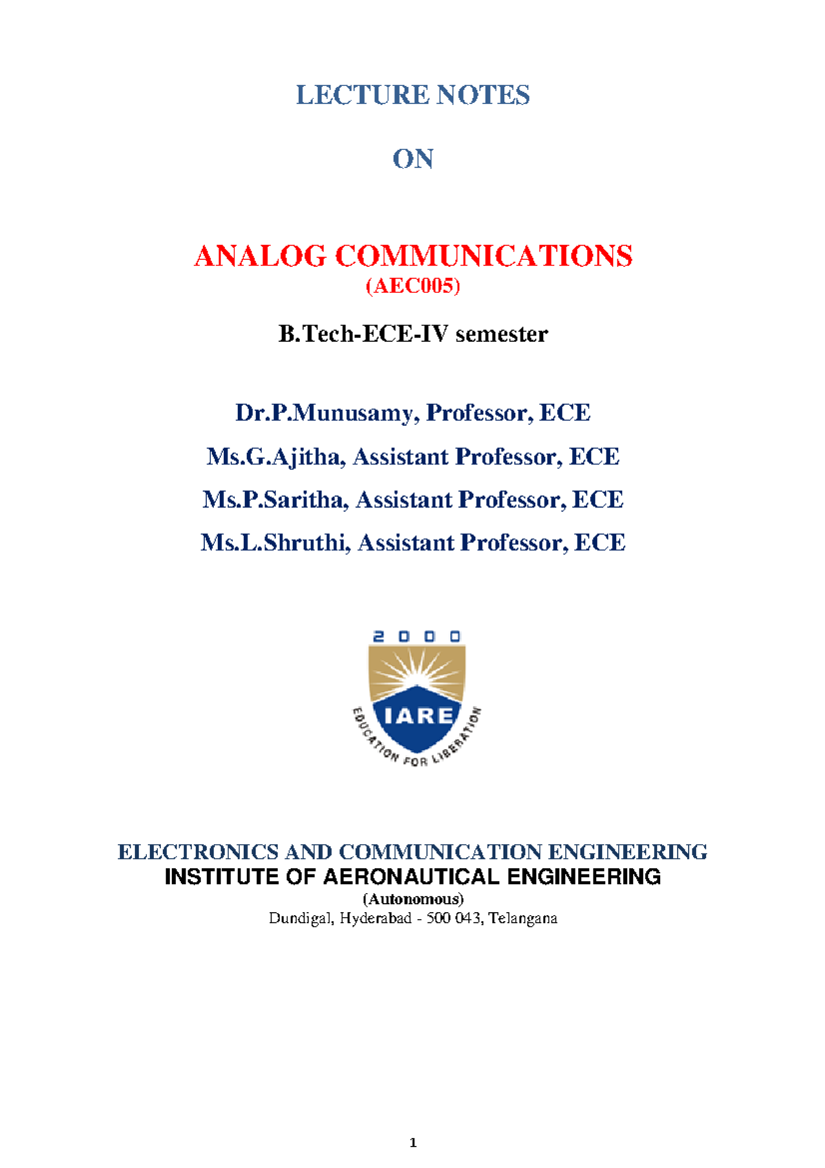 AEC005 Lecture Notes on Analog Communications for B.Tech-ECE IV Sem ...