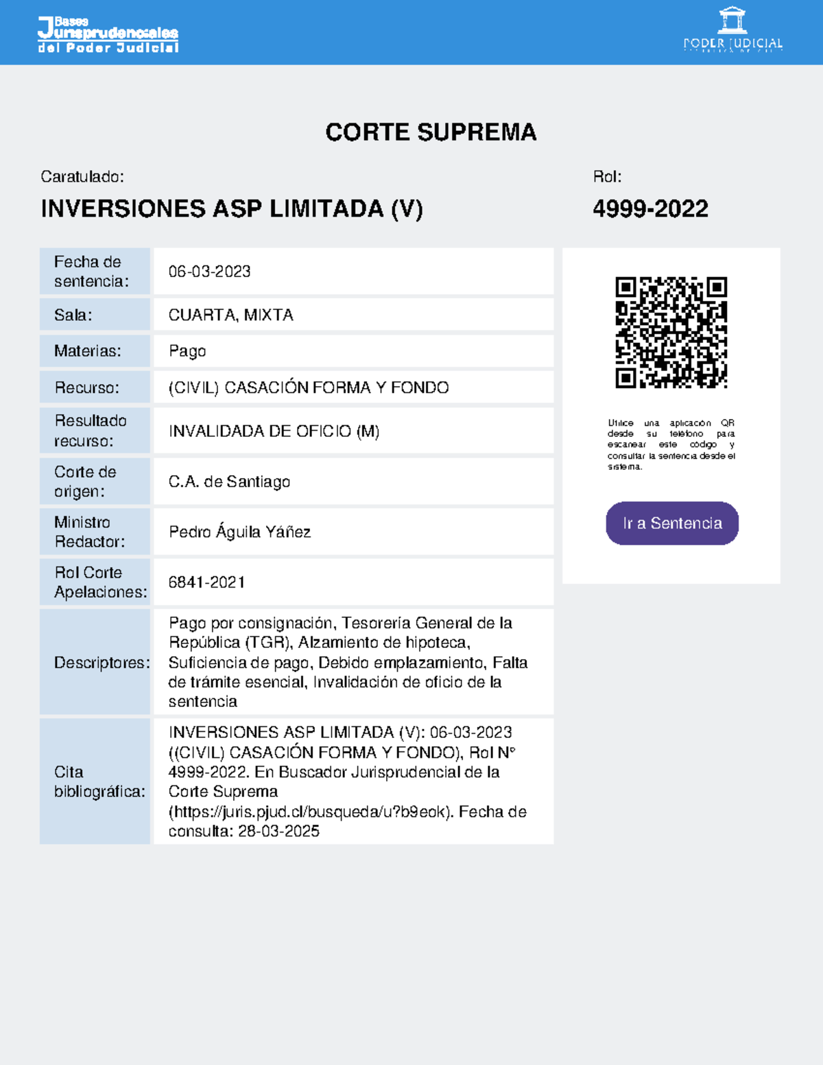 CORTE SUPREMA (CIVIL) CASACIÓN: Inversiones ASP Limitada y Pago por ...