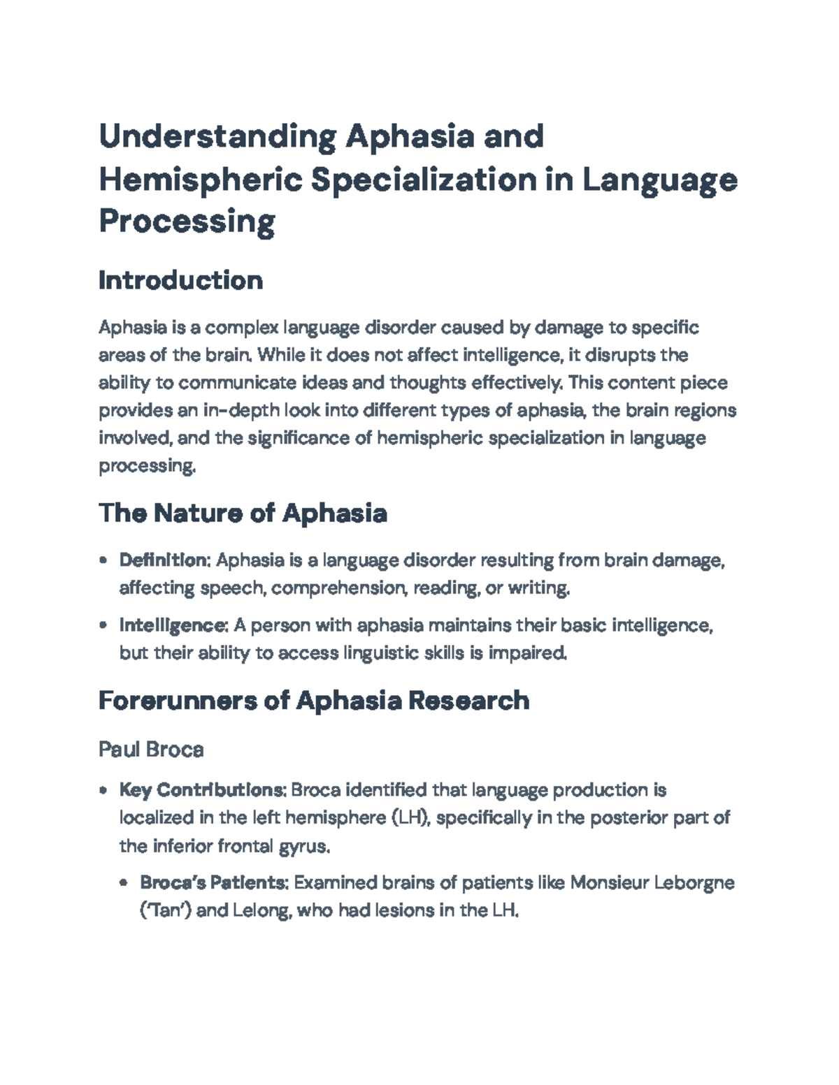 Understanding Aphasia: Hemispheric Specialization in Language ...