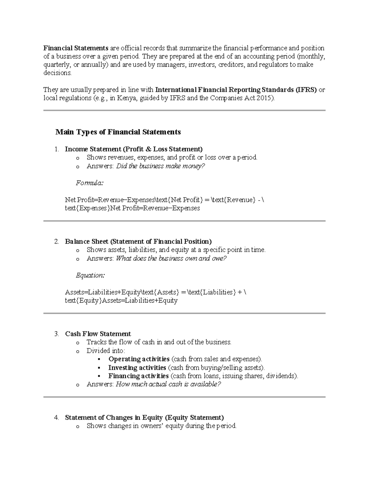 Financial Statements Overview - Study Notes for ACC 101 - Studocu