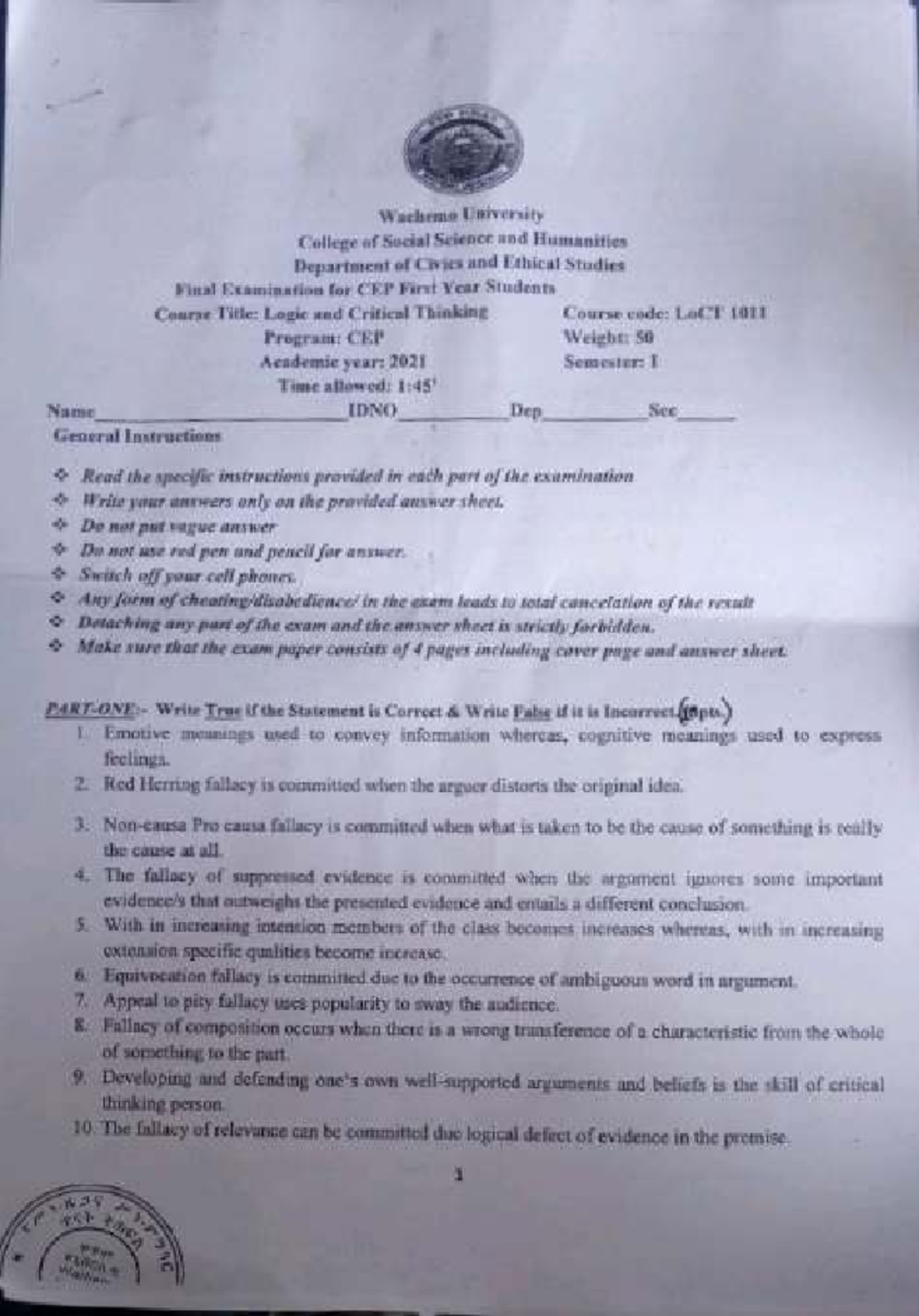 Logic final - useful practice material - e 1331 Wachemo University ...