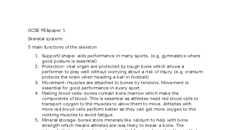 GCSE PE Paper 1: Functions of the Skeletal System and Exercise Effects ...